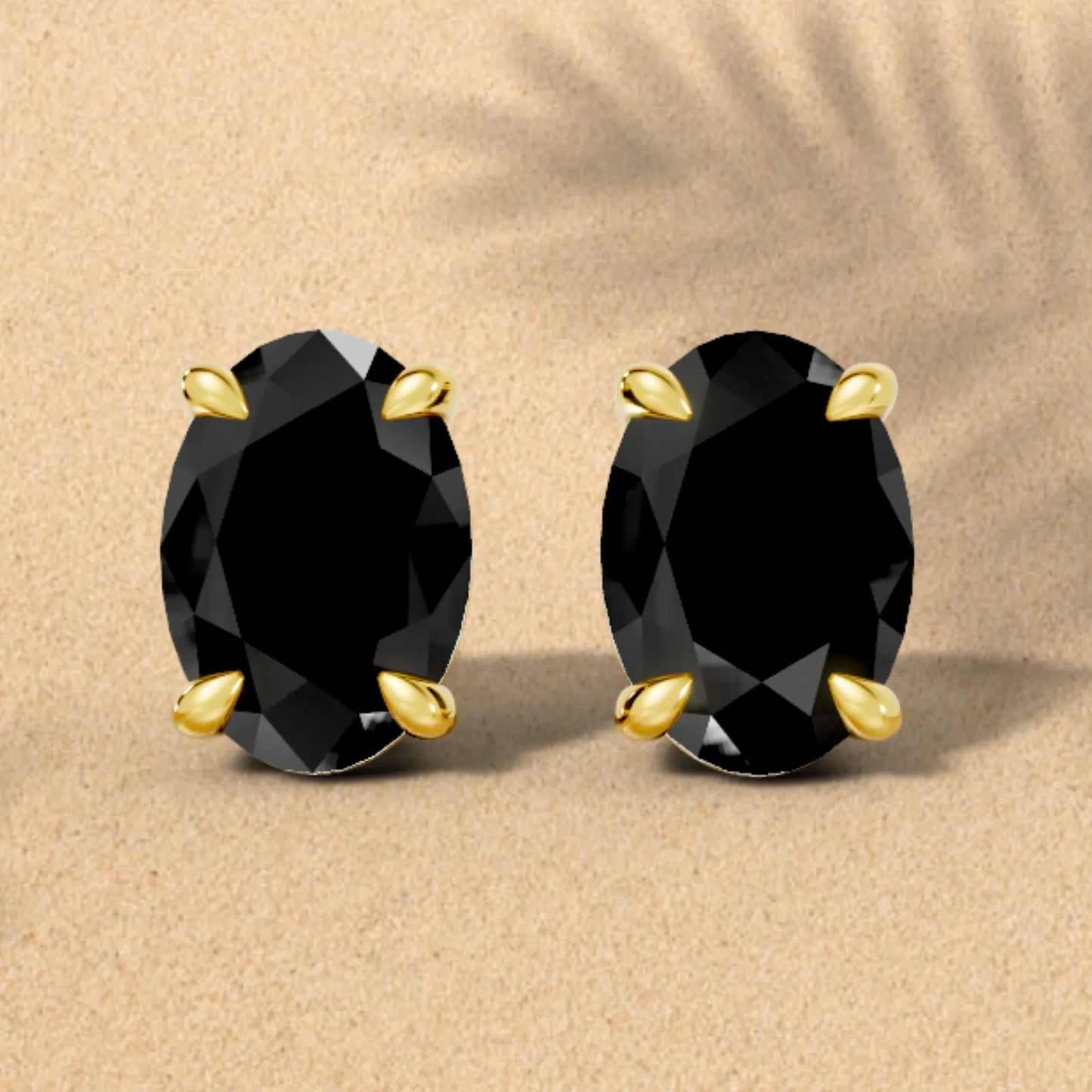 14K Gold Oval Cut Black Diamond Solitaire Stud Earring