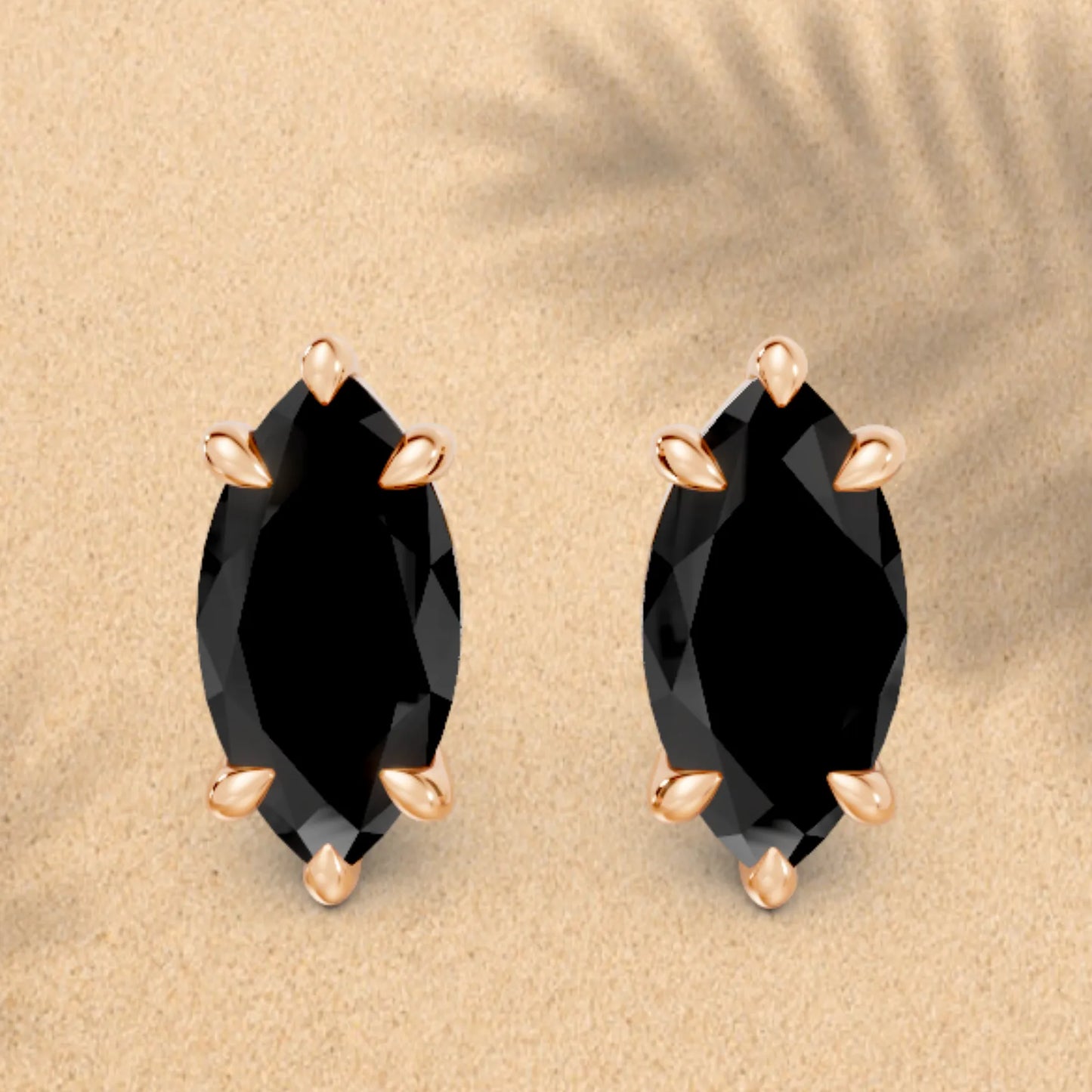 14K Gold Marquise Cut Black Diamond Solitaire Stud Earring