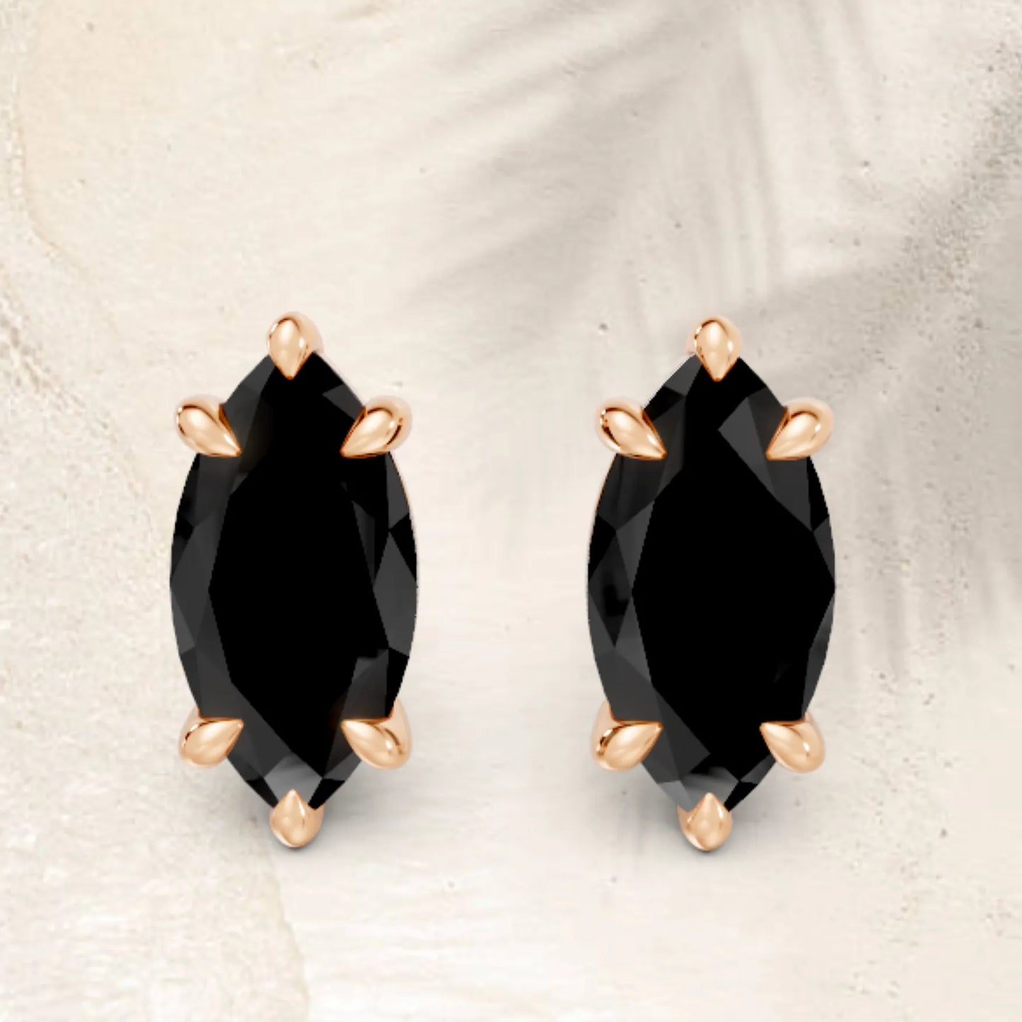 14K Gold Marquise Cut Black Diamond Solitaire Stud Earring