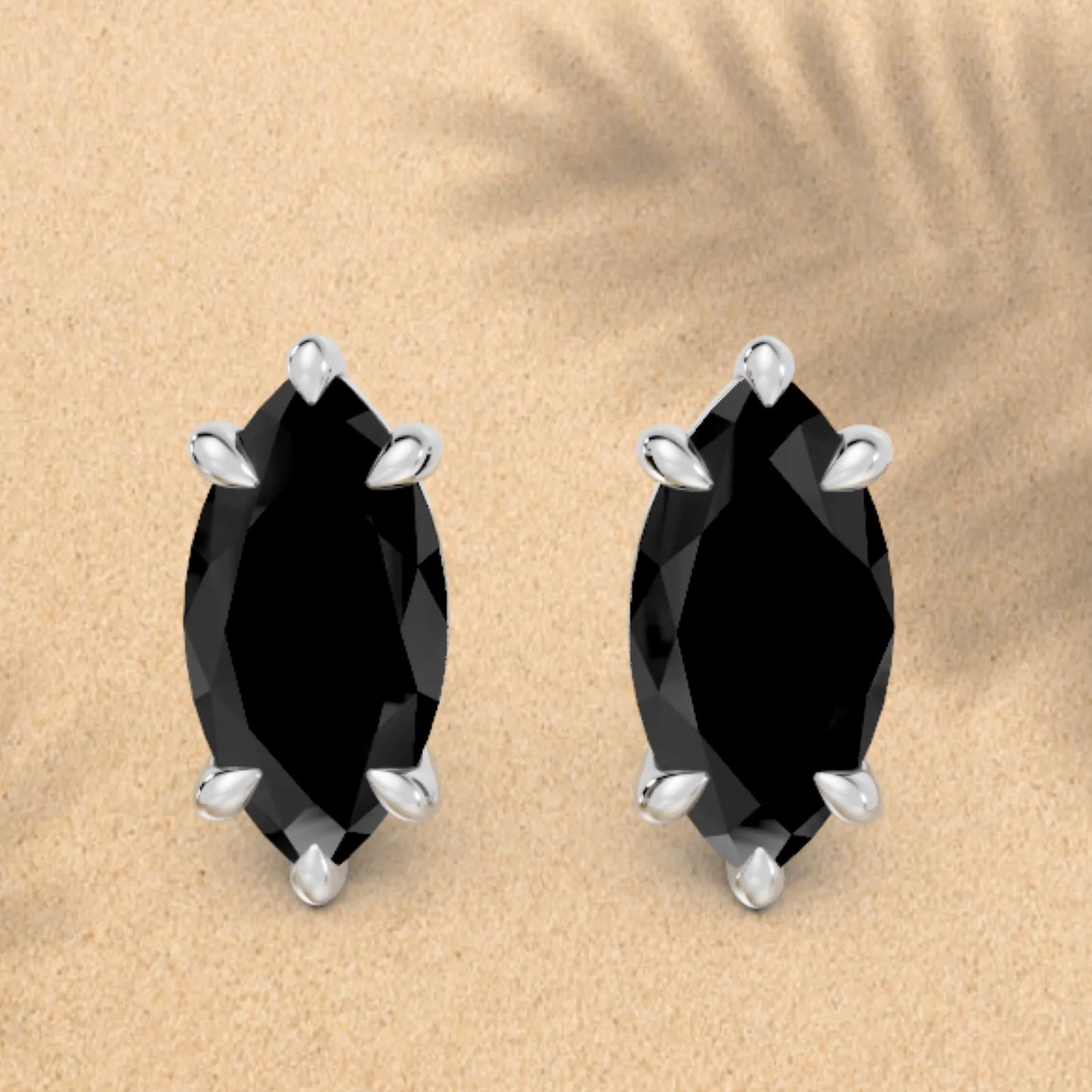 14K Gold Marquise Cut Black Diamond Solitaire Stud Earring