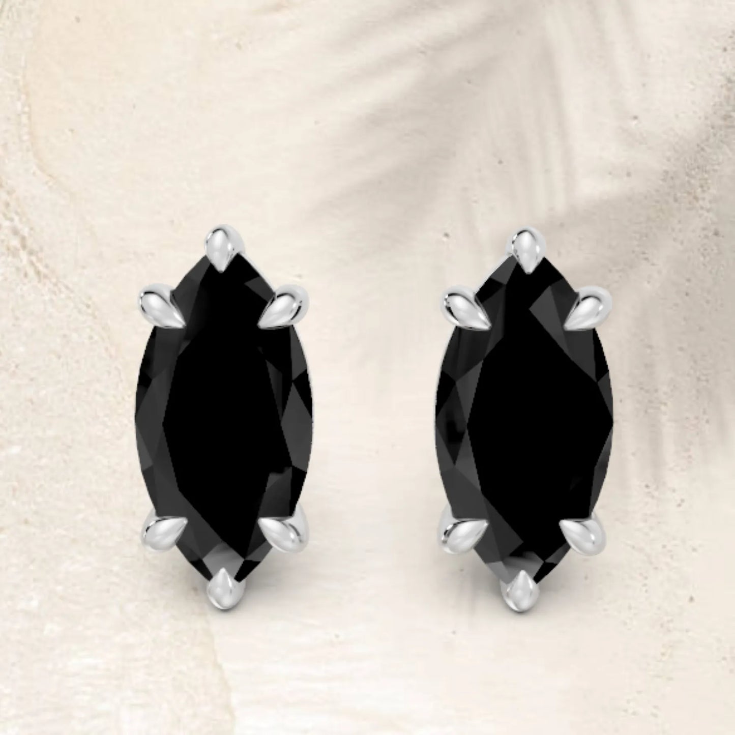 14K Gold Marquise Cut Black Diamond Solitaire Stud Earring
