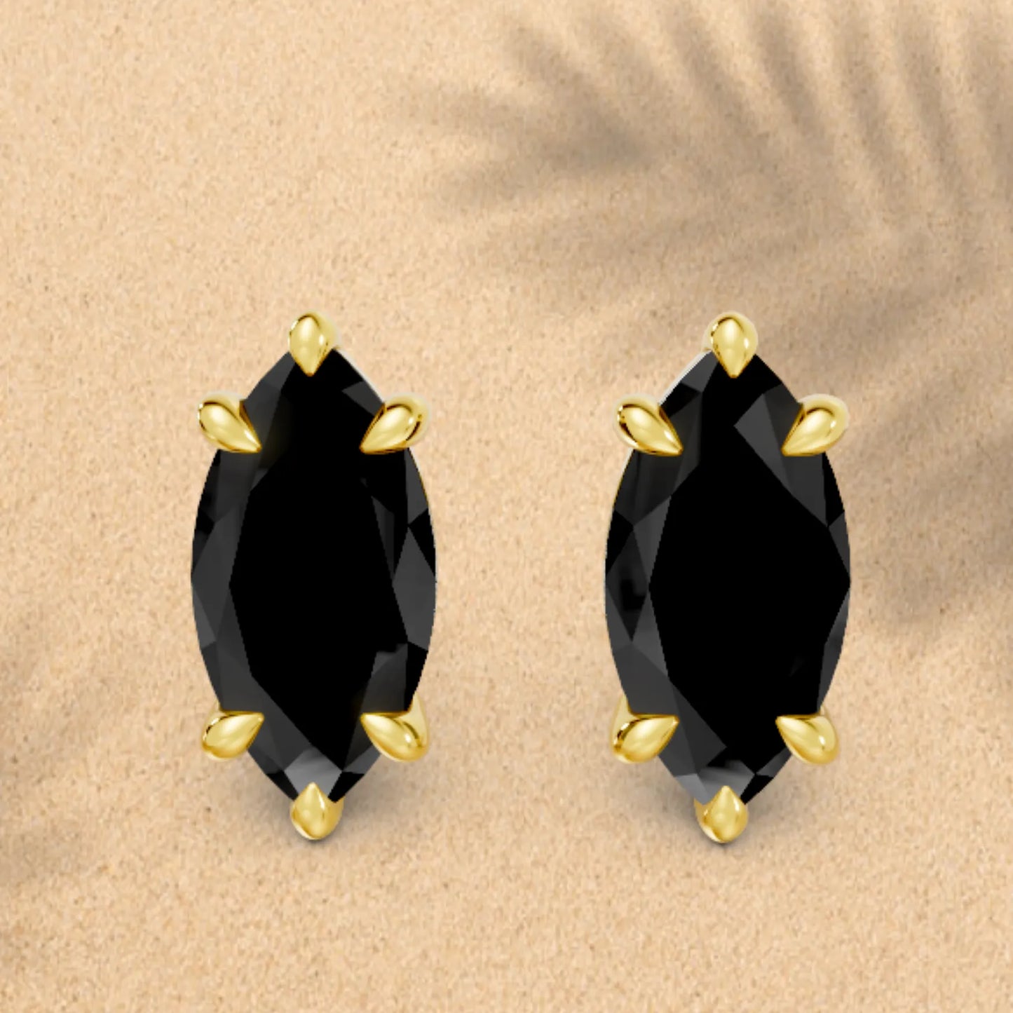 14K Gold Marquise Cut Black Diamond Solitaire Stud Earring