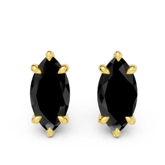 14K Gold Marquise Cut Black Diamond Solitaire Stud Earring