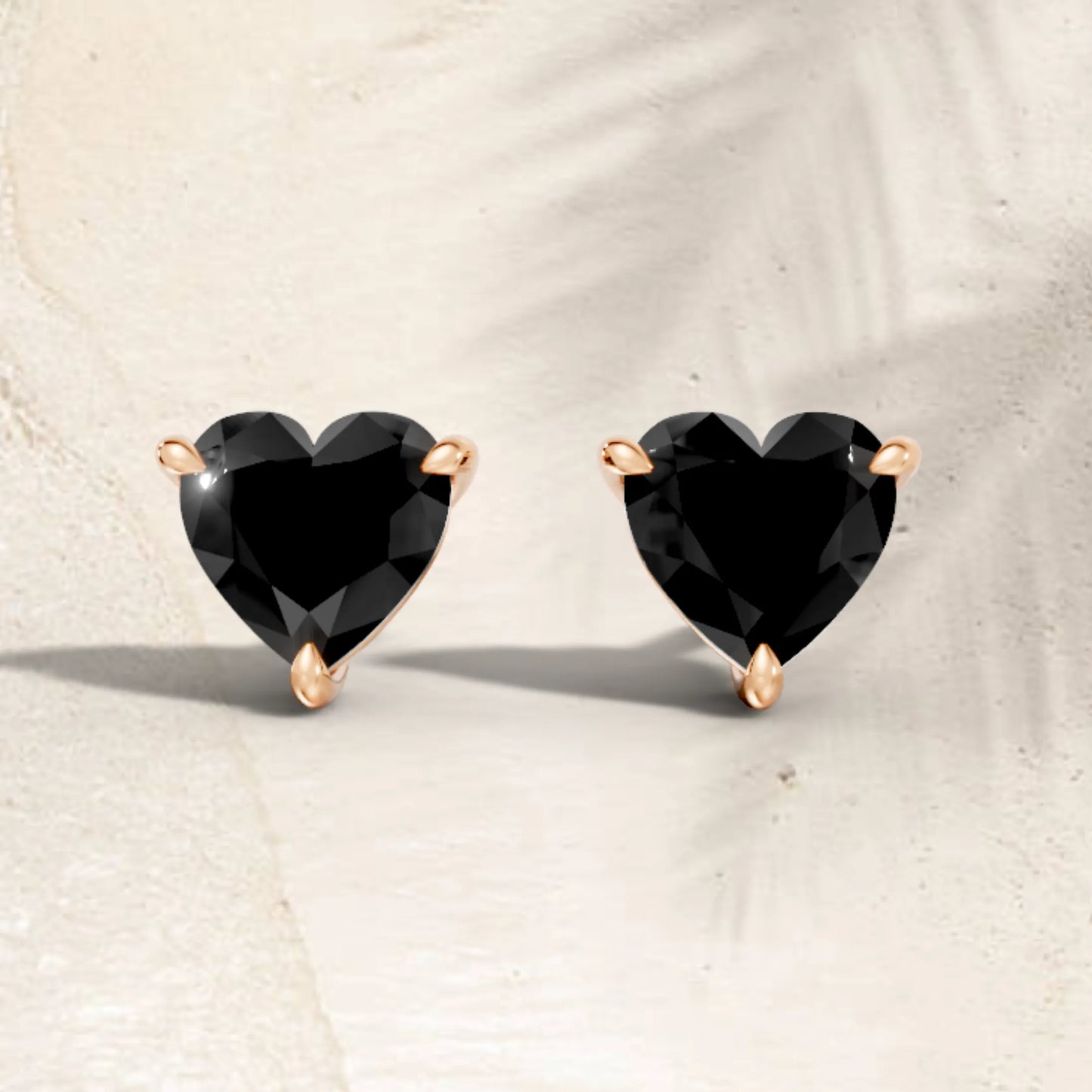 14K Gold Heart Cut Black Diamond Solitaire Stud Earring