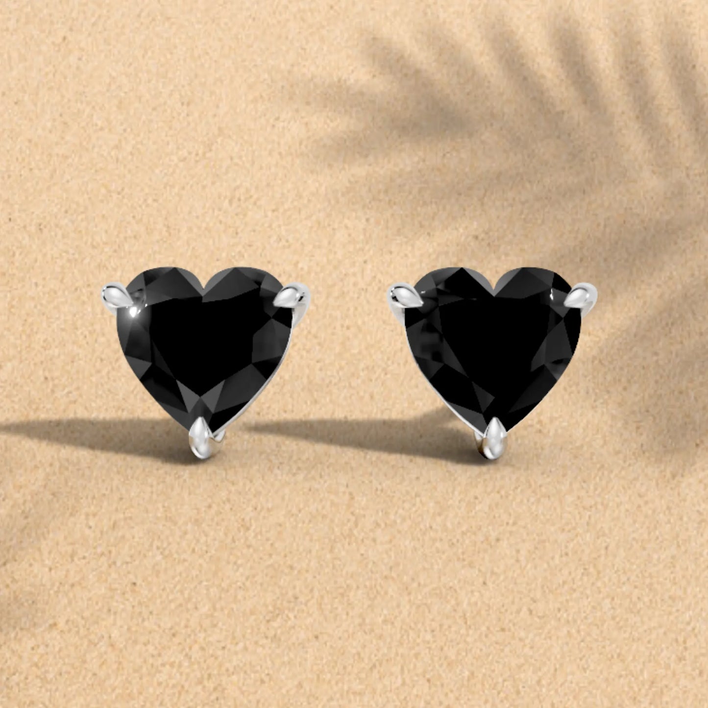 14K Gold Heart Cut Black Diamond Solitaire Stud Earring