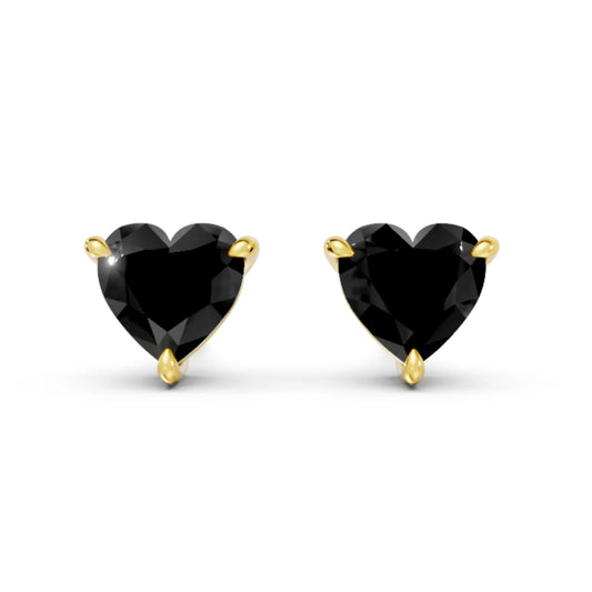 14K Gold Heart Cut Black Diamond Solitaire Stud Earring