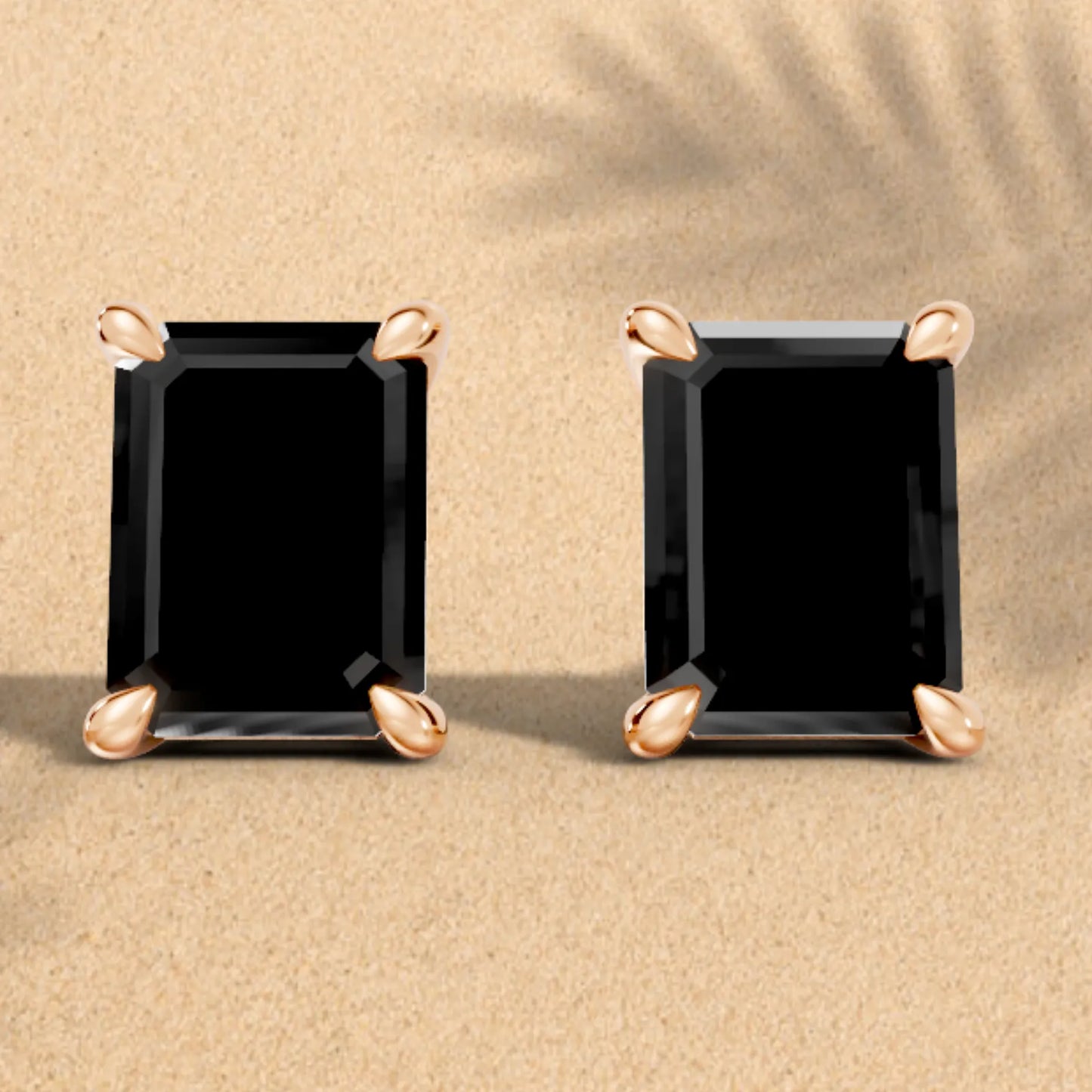 14K Gold Emerald Cut Black Diamond Solitaire Stud Earring