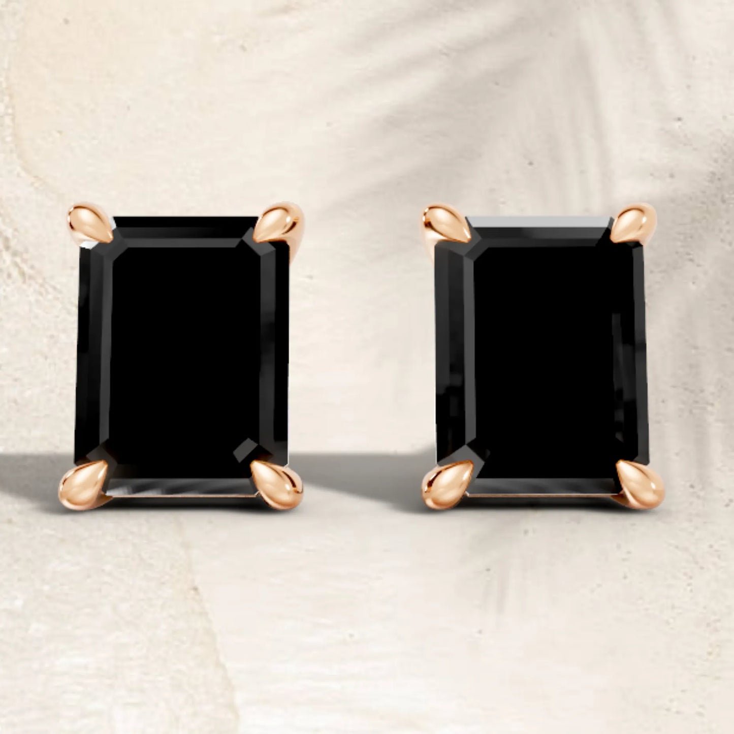 14K Gold Emerald Cut Black Diamond Solitaire Stud Earring