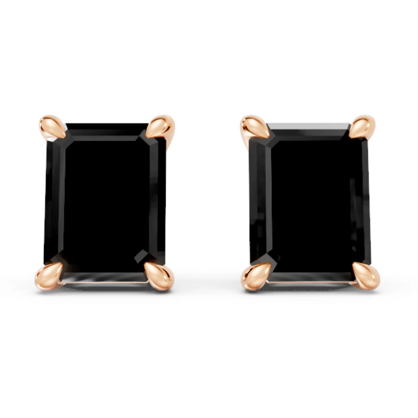 14K Gold Emerald Cut Black Diamond Solitaire Stud Earring