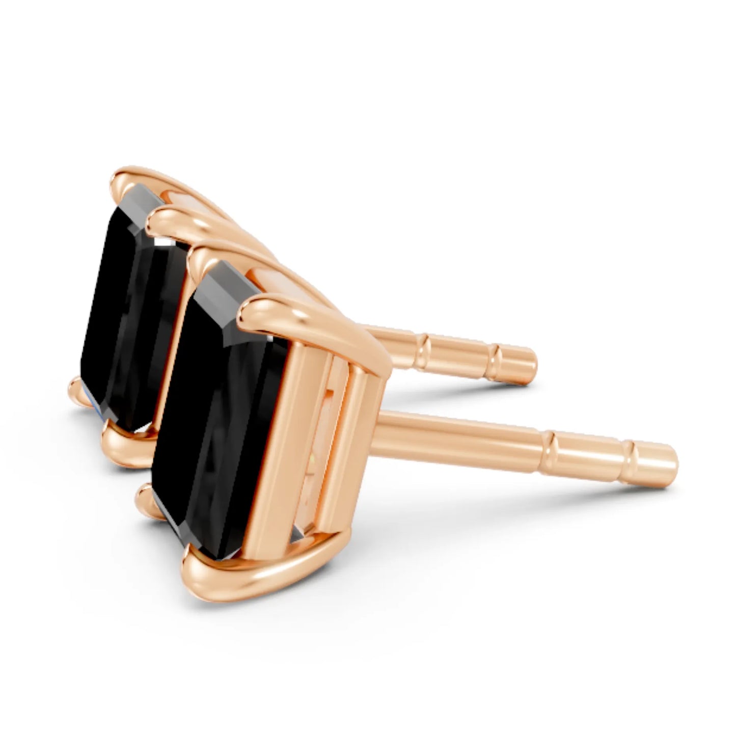 14K Gold Emerald Cut Black Diamond Solitaire Stud Earring