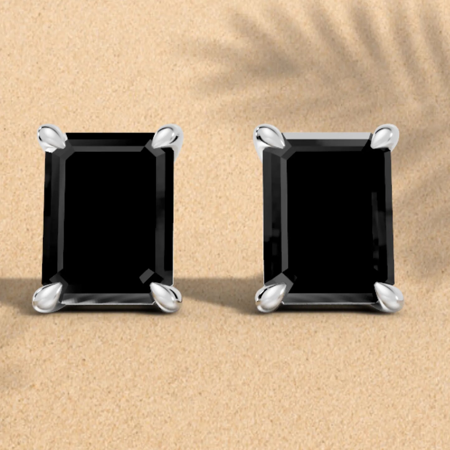 14K Gold Emerald Cut Black Diamond Solitaire Stud Earring