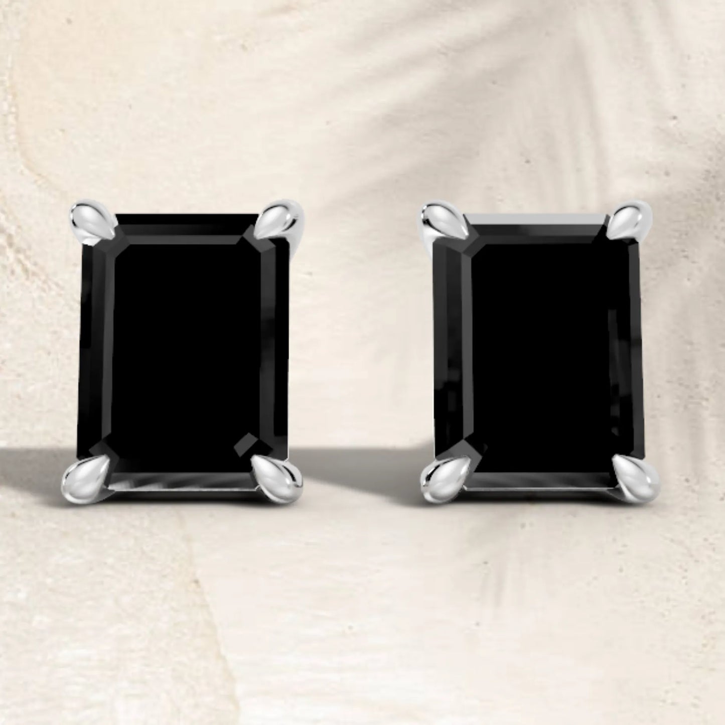 14K Gold Emerald Cut Black Diamond Solitaire Stud Earring