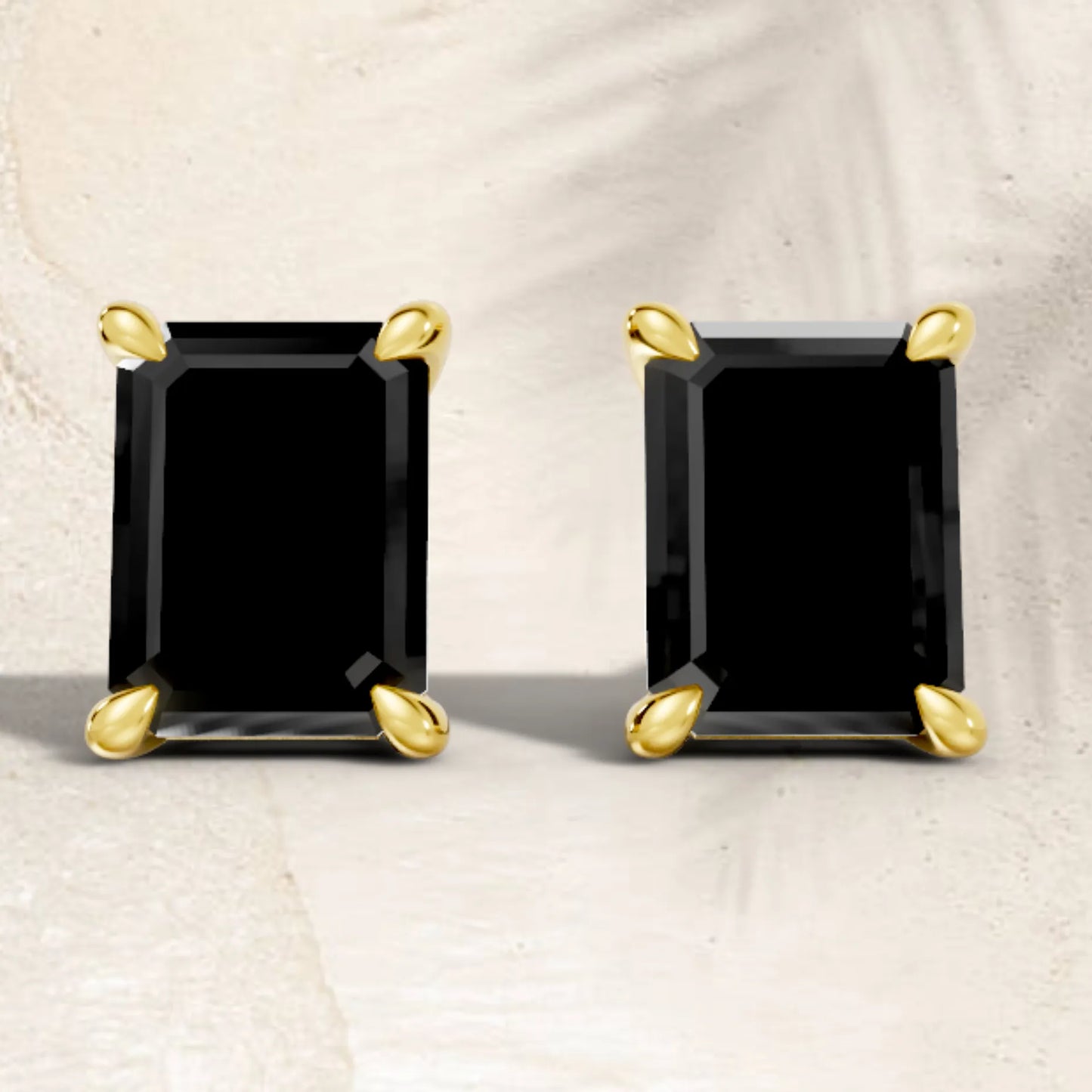 14K Gold Emerald Cut Black Diamond Solitaire Stud Earring