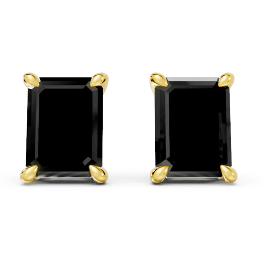 14K Gold Emerald Cut Black Diamond Solitaire Stud Earring