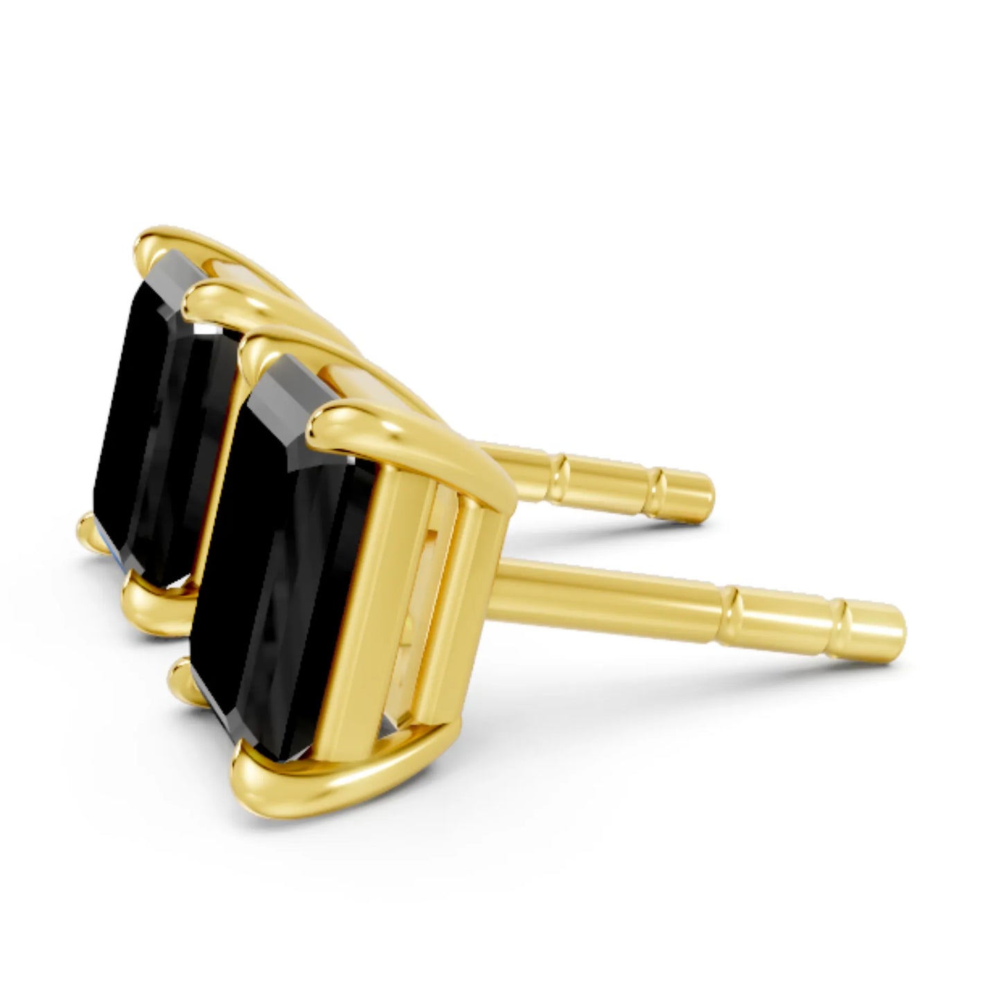 14K Gold Emerald Cut Black Diamond Solitaire Stud Earring