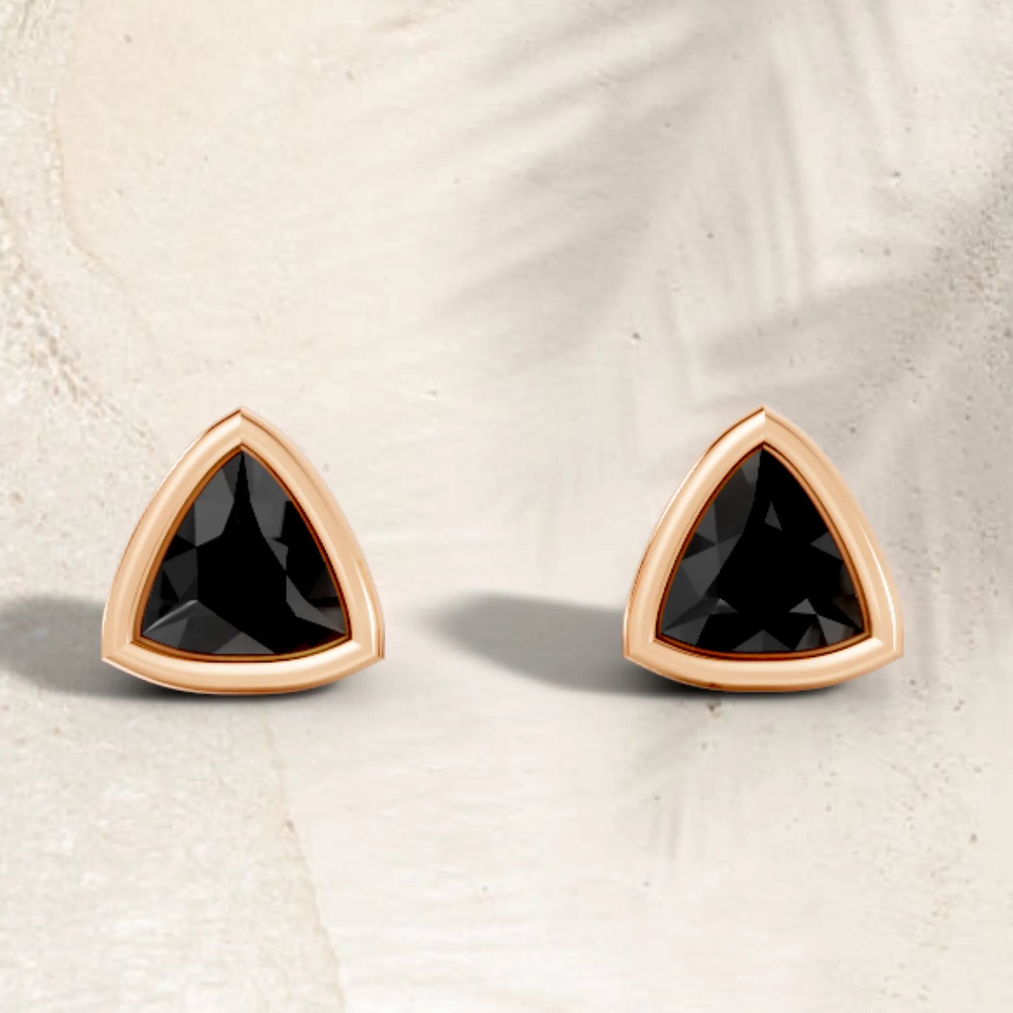 14K Gold Trillion Cut Black Diamond Bezel Stud Earring