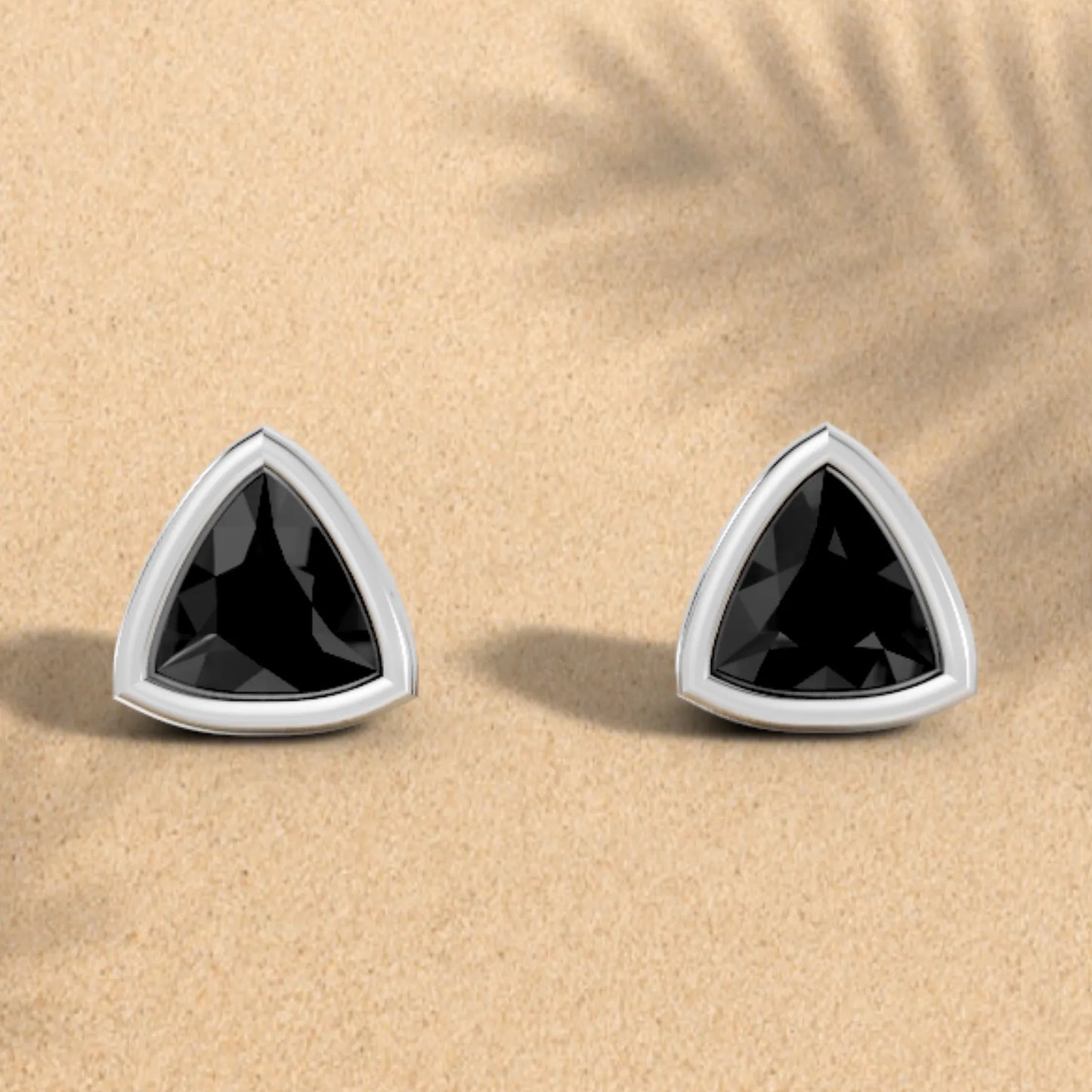 14K Gold Trillion Cut Black Diamond Bezel Stud Earring
