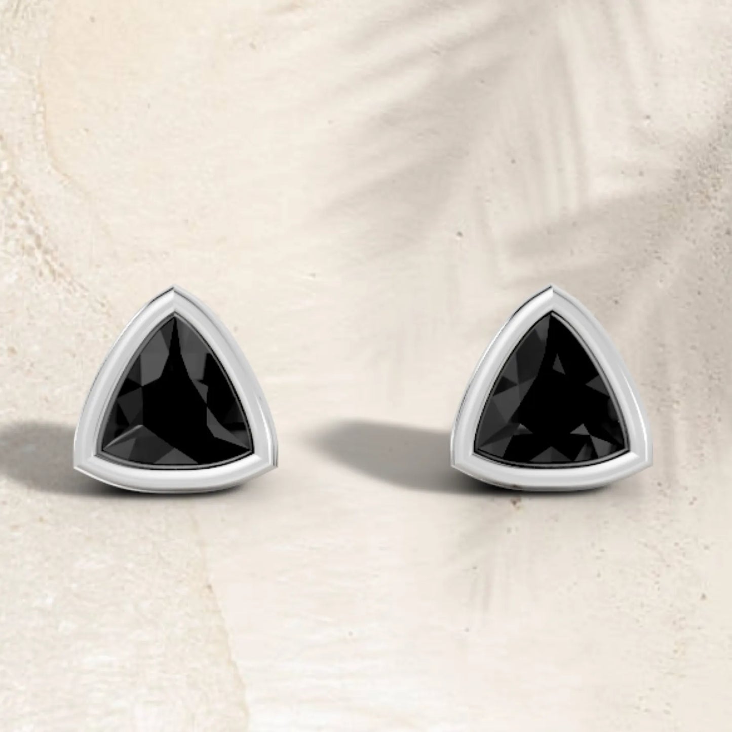 14K Gold Trillion Cut Black Diamond Bezel Stud Earring
