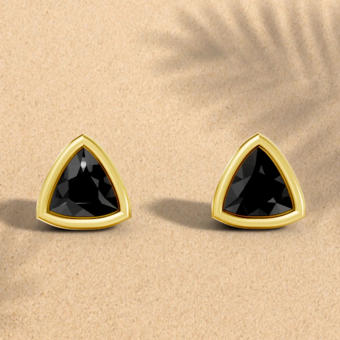 14K Gold Trillion Cut Black Diamond Bezel Stud Earring