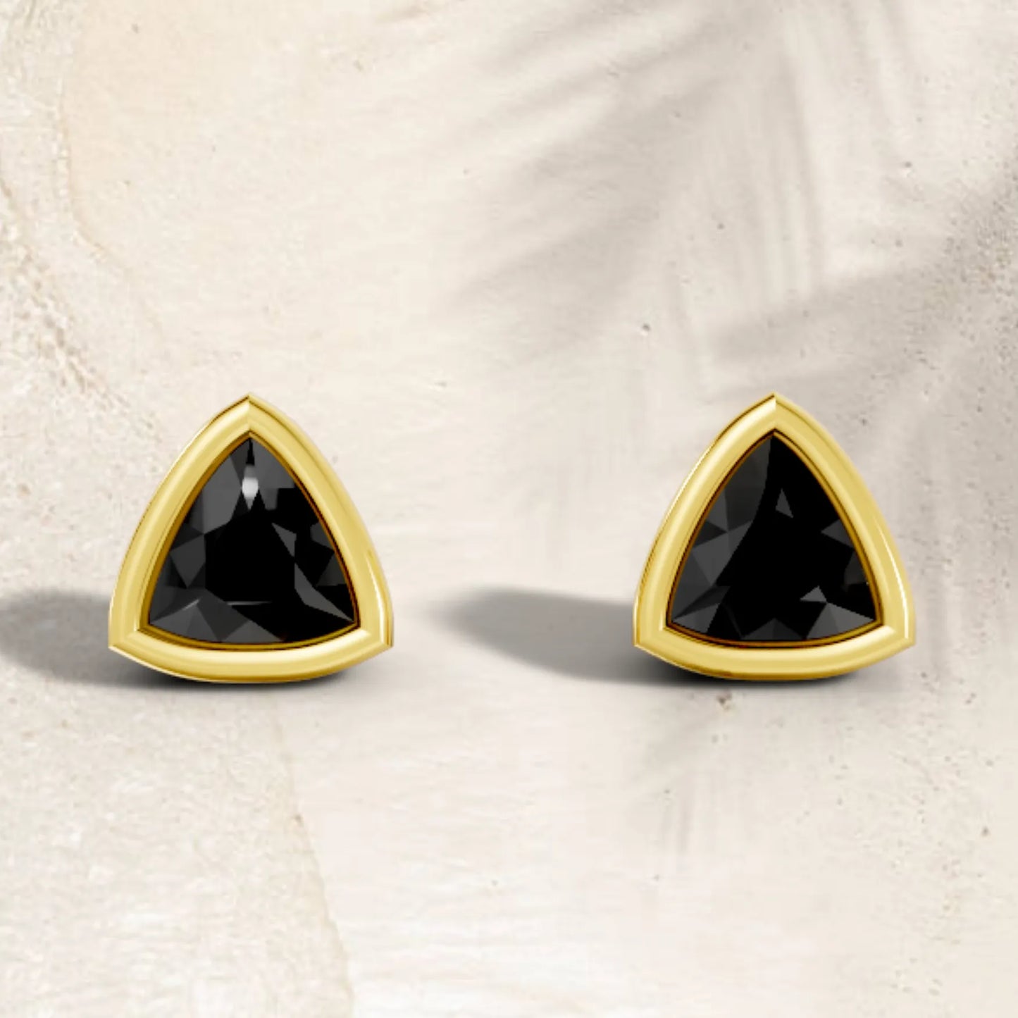 14K Gold Trillion Cut Black Diamond Bezel Stud Earring