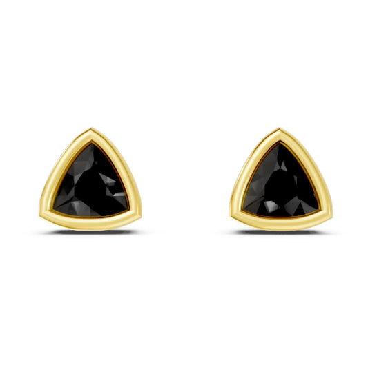 14K Gold Trillion Cut Black Diamond Bezel Stud Earring