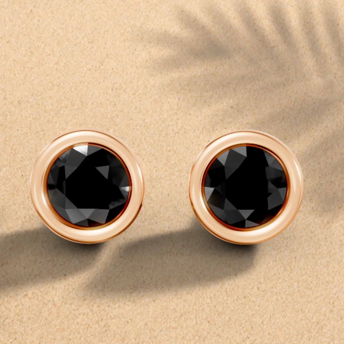 14K Gold Round Cut Black Diamond Bezel Stud Earring