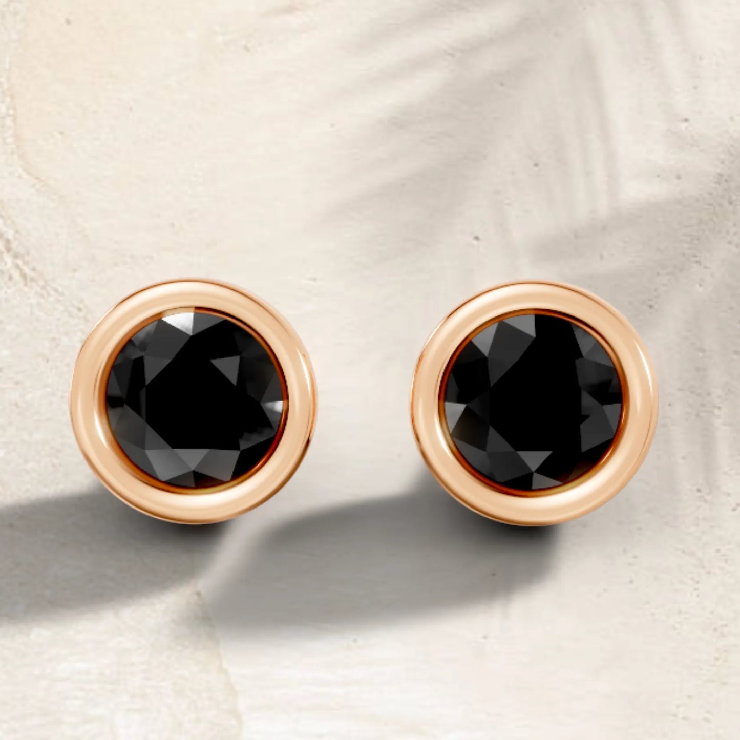 14K Gold Round Cut Black Diamond Bezel Stud Earring