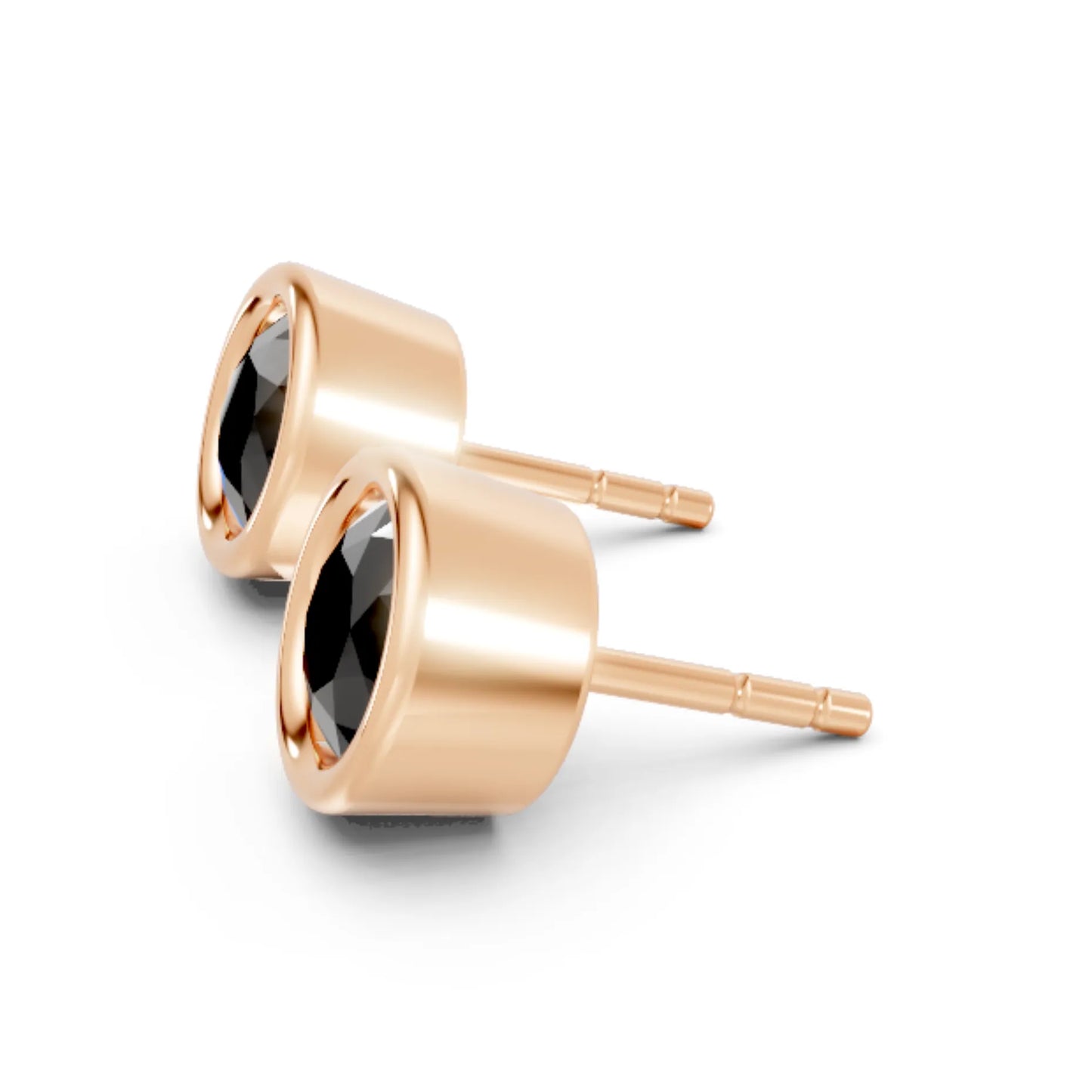 14K Gold Round Cut Black Diamond Bezel Stud Earring