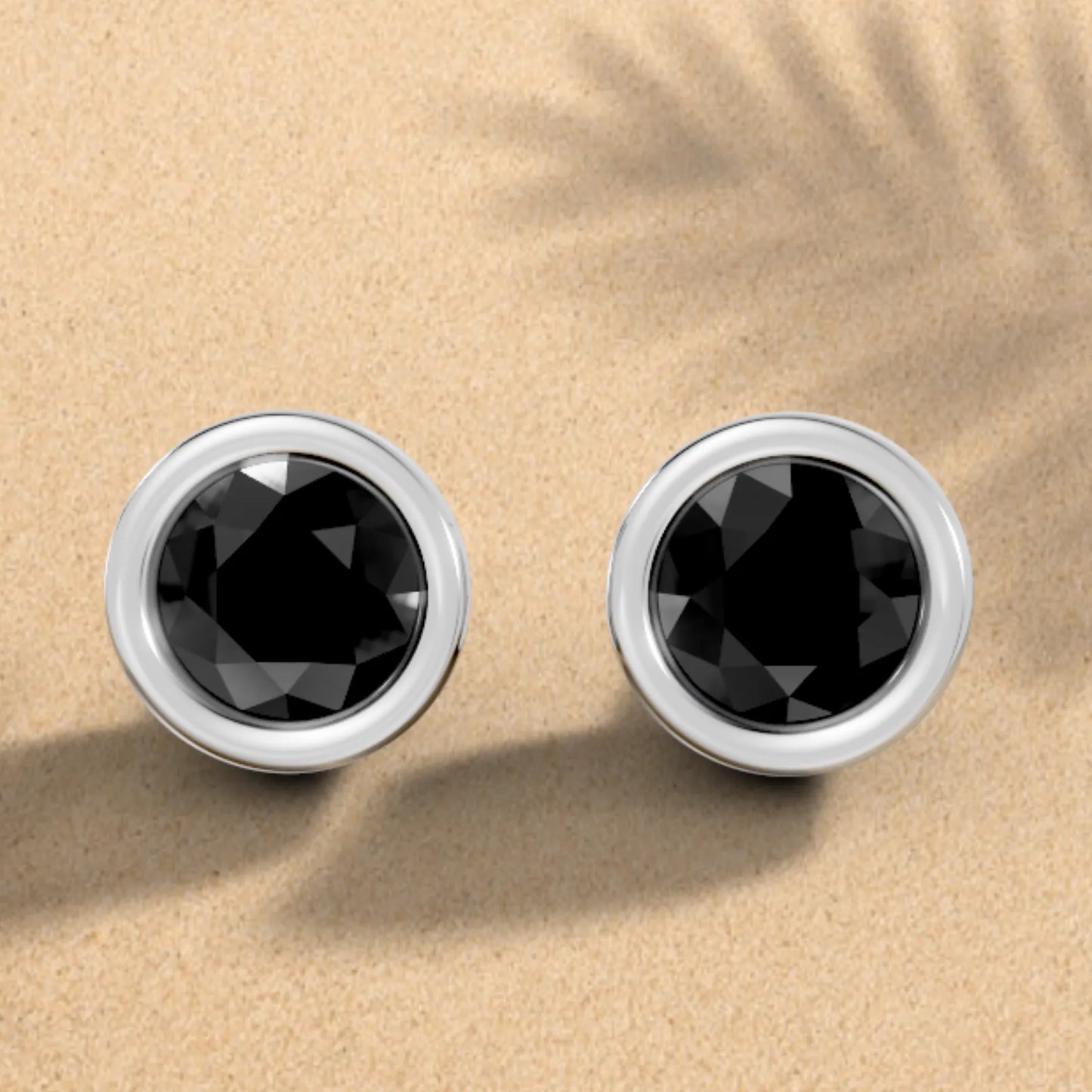 14K Gold Round Cut Black Diamond Bezel Stud Earring