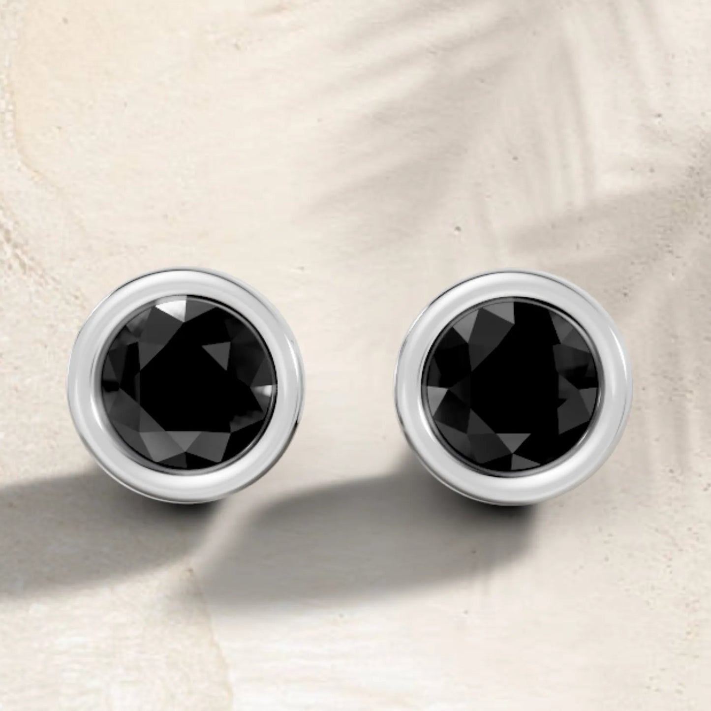 14K Gold Round Cut Black Diamond Bezel Stud Earring