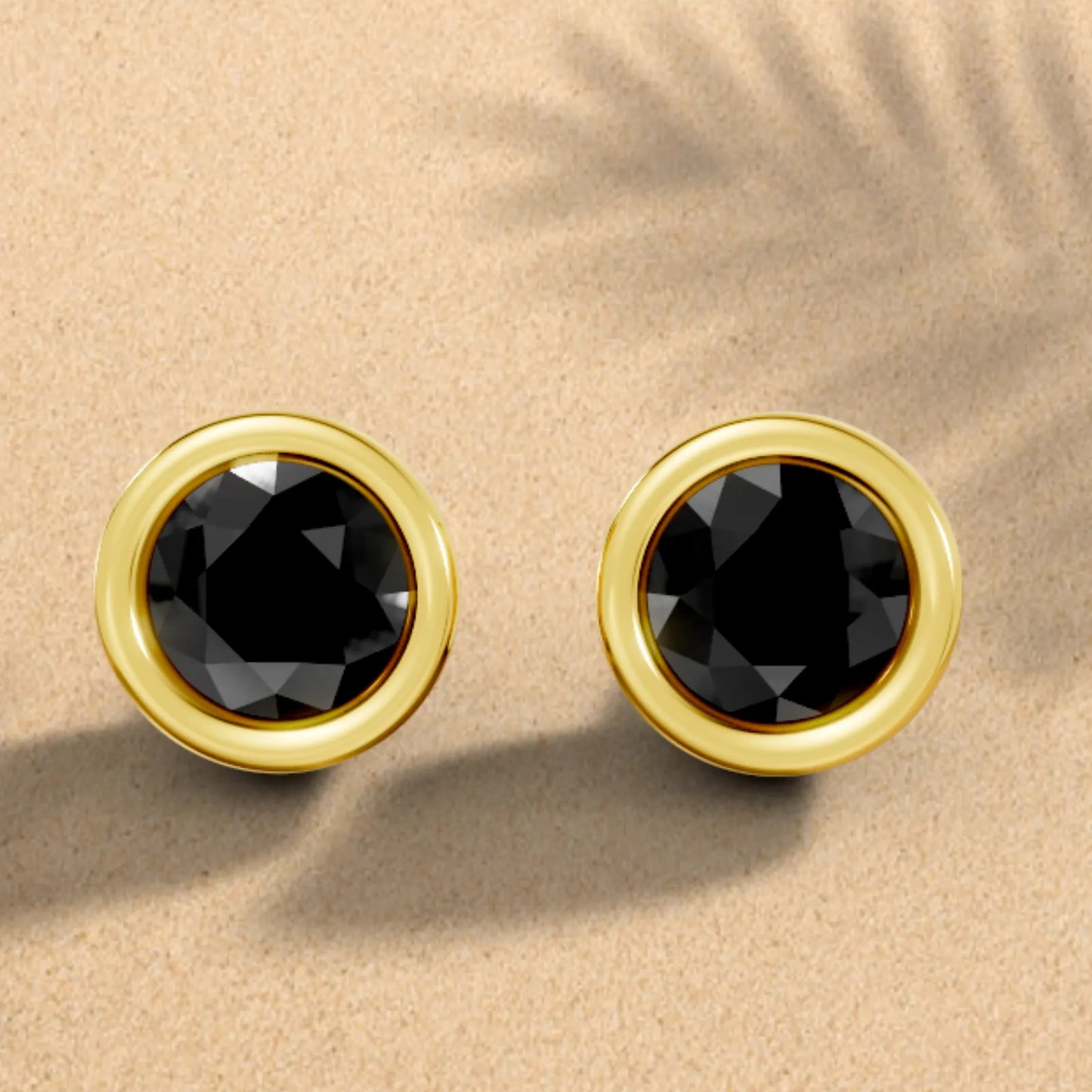 14K Gold Round Cut Black Diamond Bezel Stud Earring