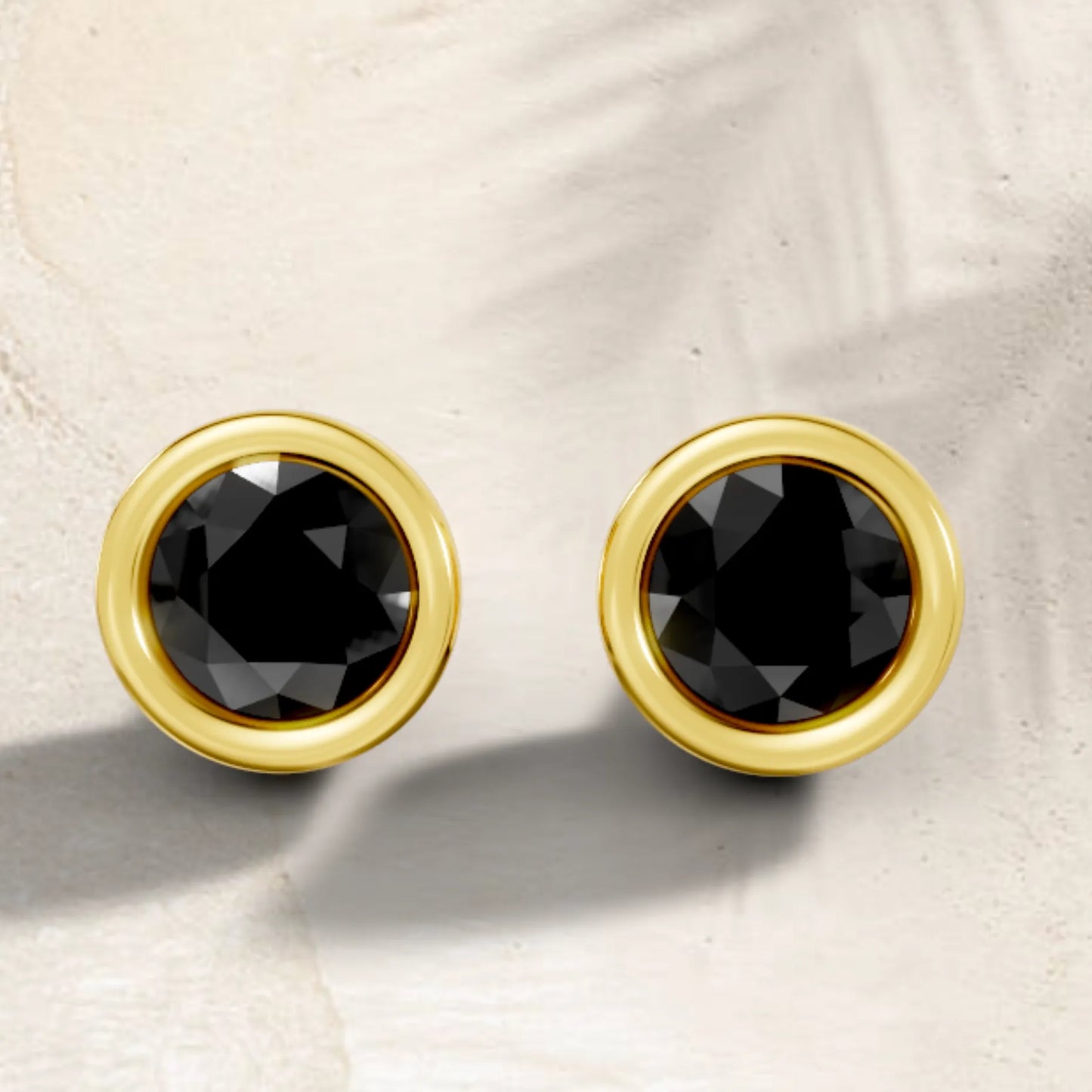 14K Gold Round Cut Black Diamond Bezel Stud Earring