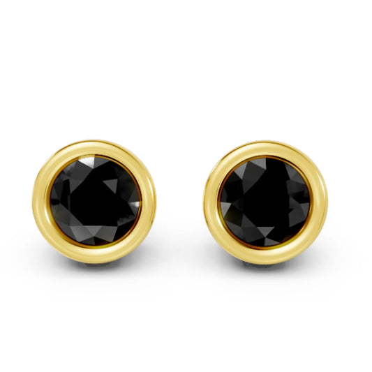 14K Gold Round Cut Black Diamond Bezel Stud Earring