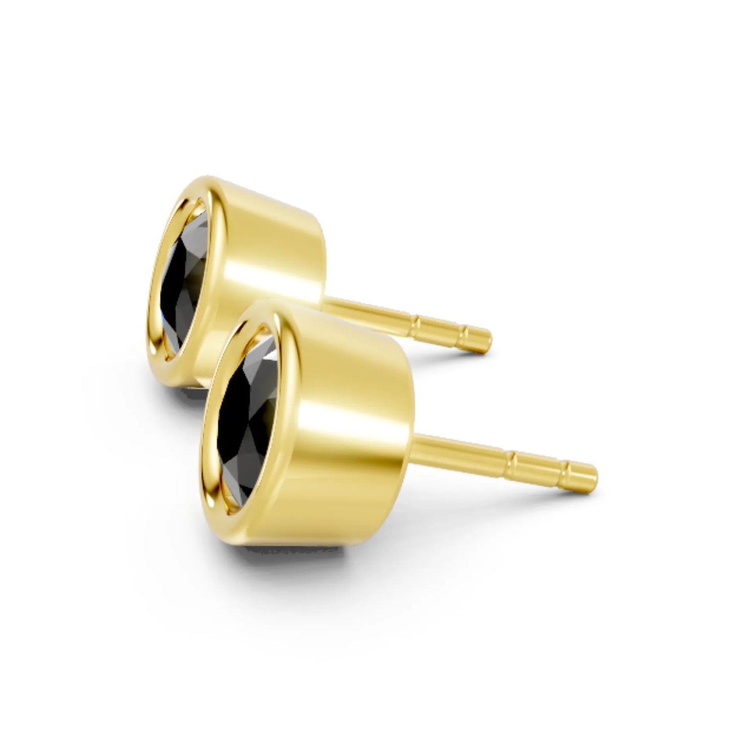 14K Gold Round Cut Black Diamond Bezel Stud Earring