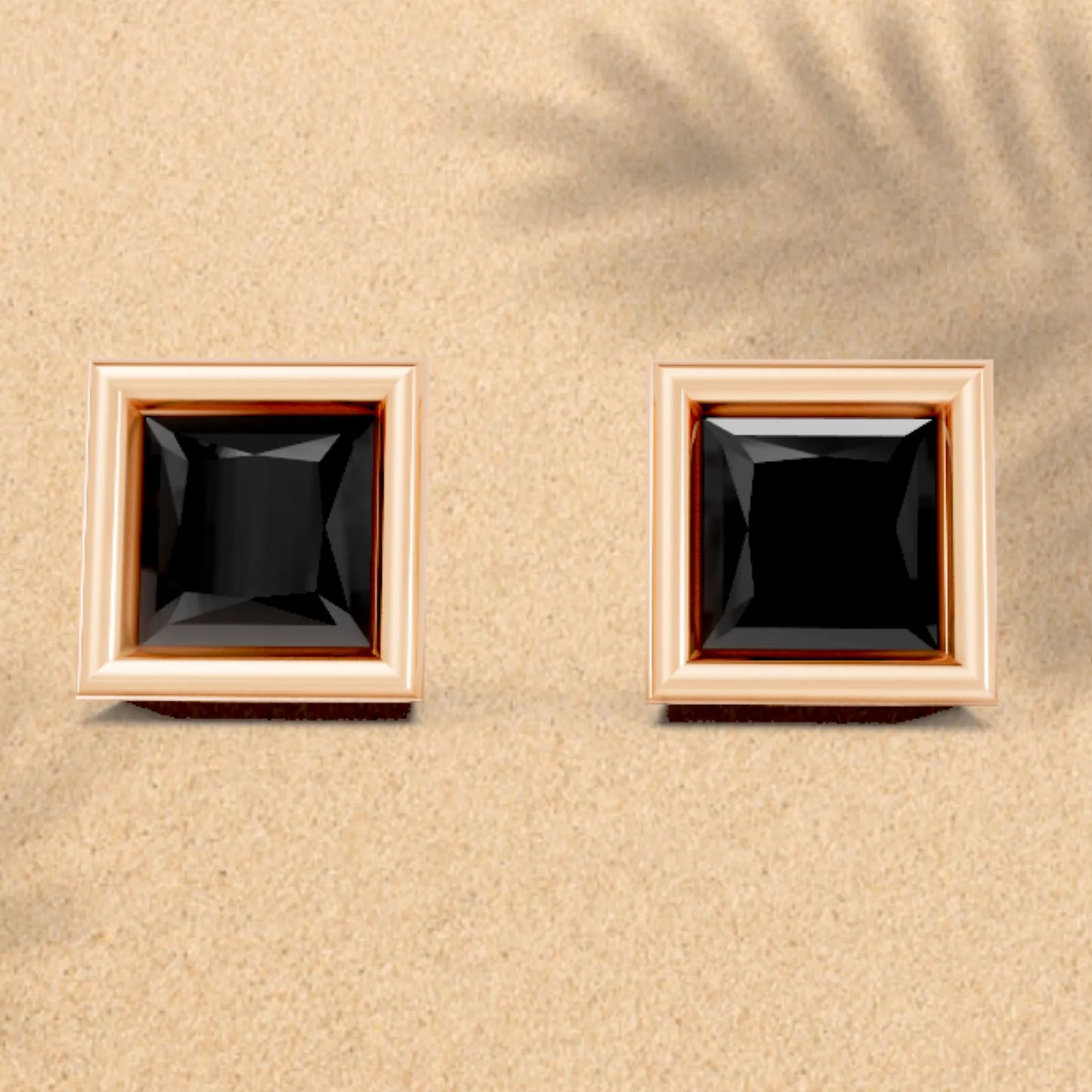 14K Gold Princess Cut Black Diamond Bezel Stud Earring