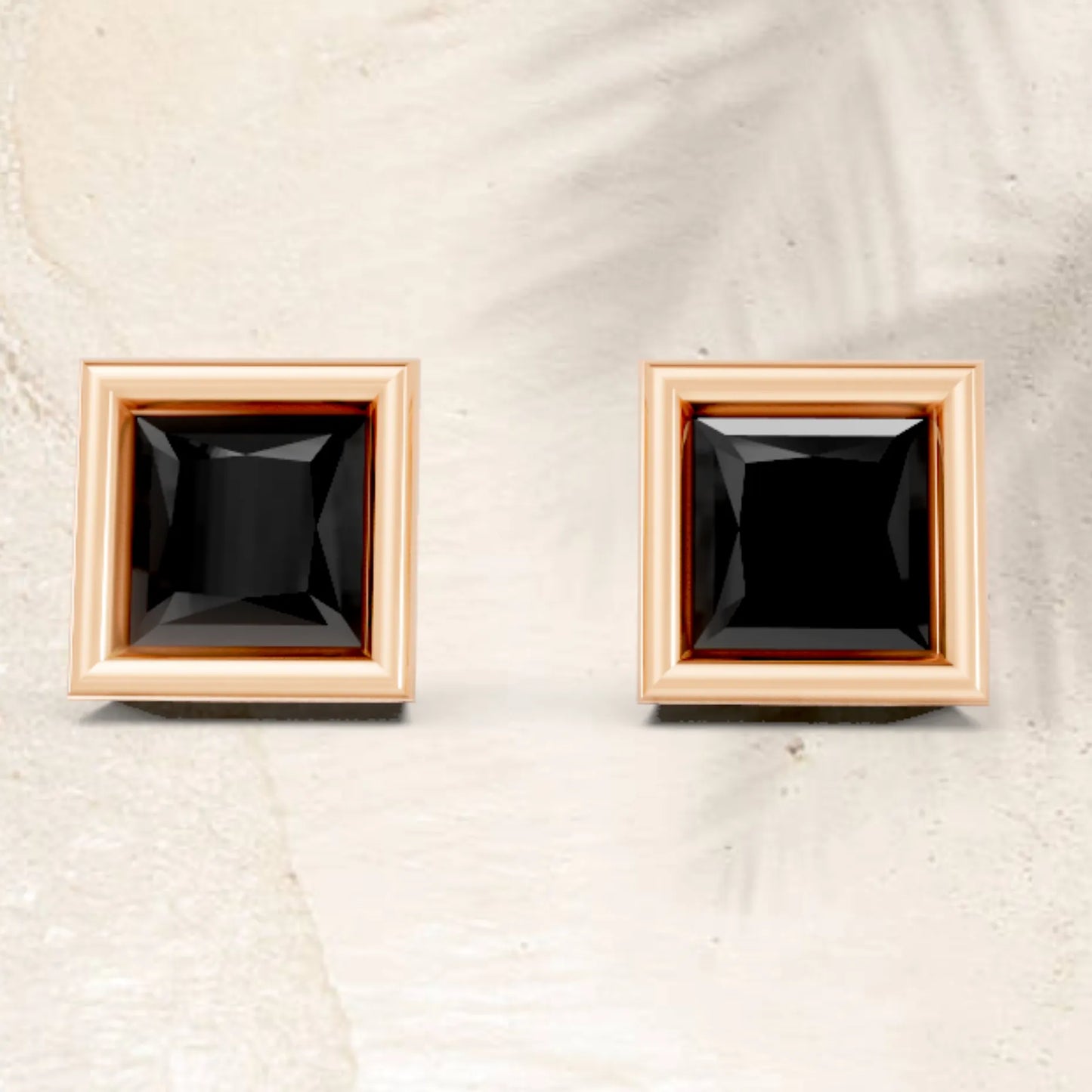 14K Gold Princess Cut Black Diamond Bezel Stud Earring