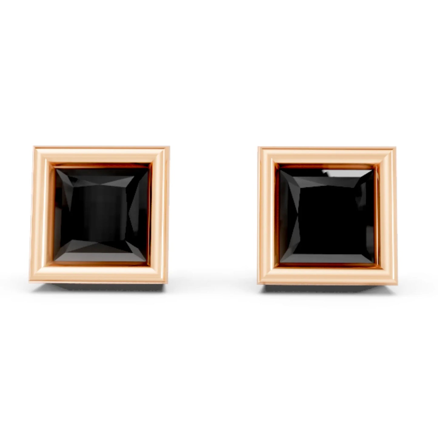 14K Gold Princess Cut Black Diamond Bezel Stud Earring
