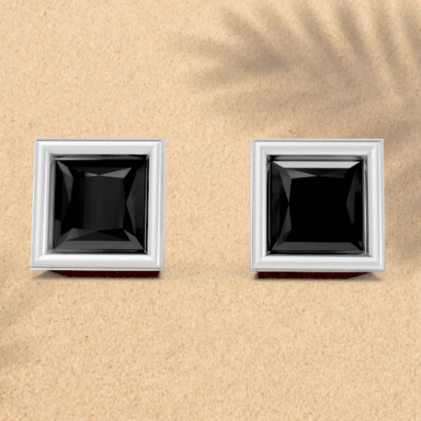 14K Gold Princess Cut Black Diamond Bezel Stud Earring