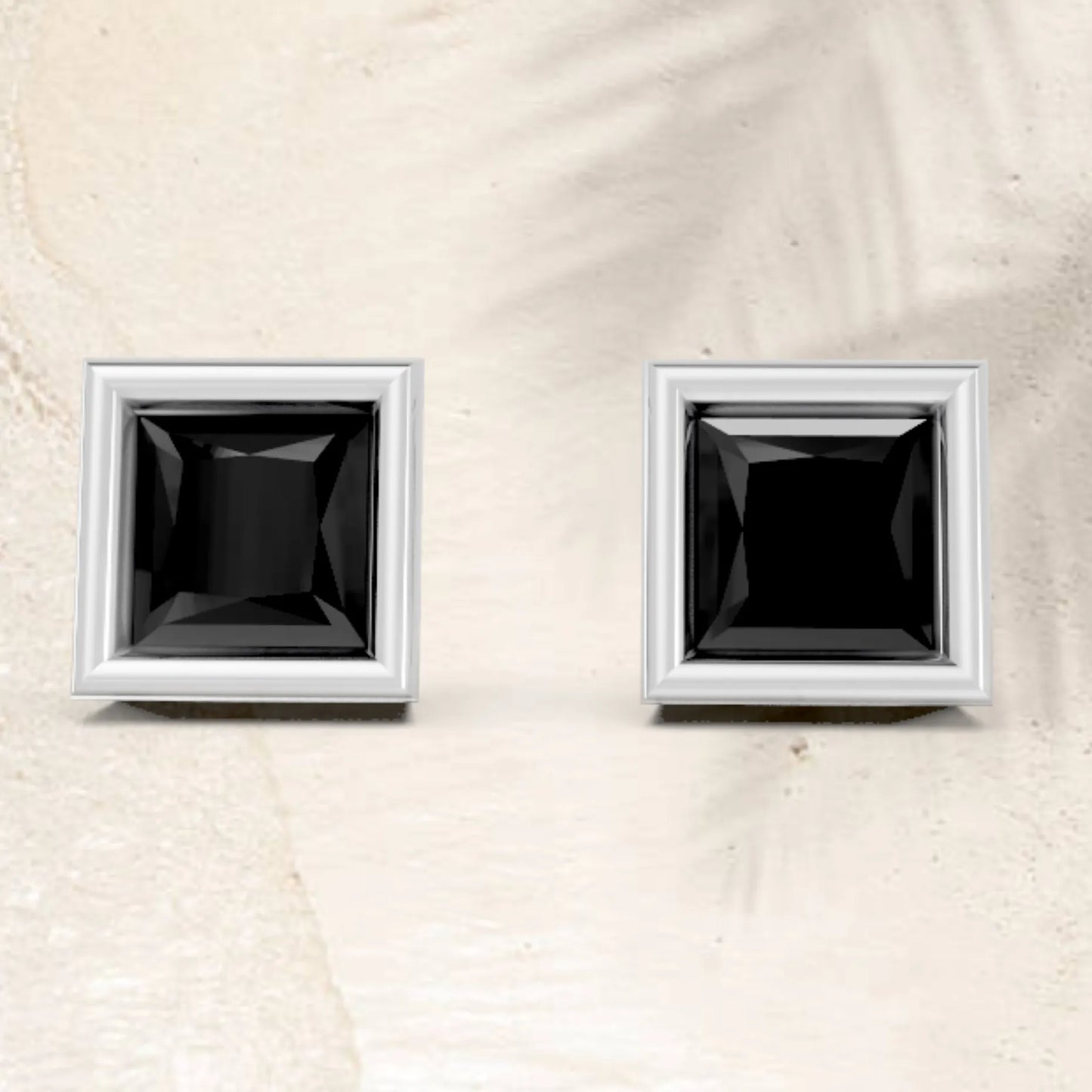 14K Gold Princess Cut Black Diamond Bezel Stud Earring