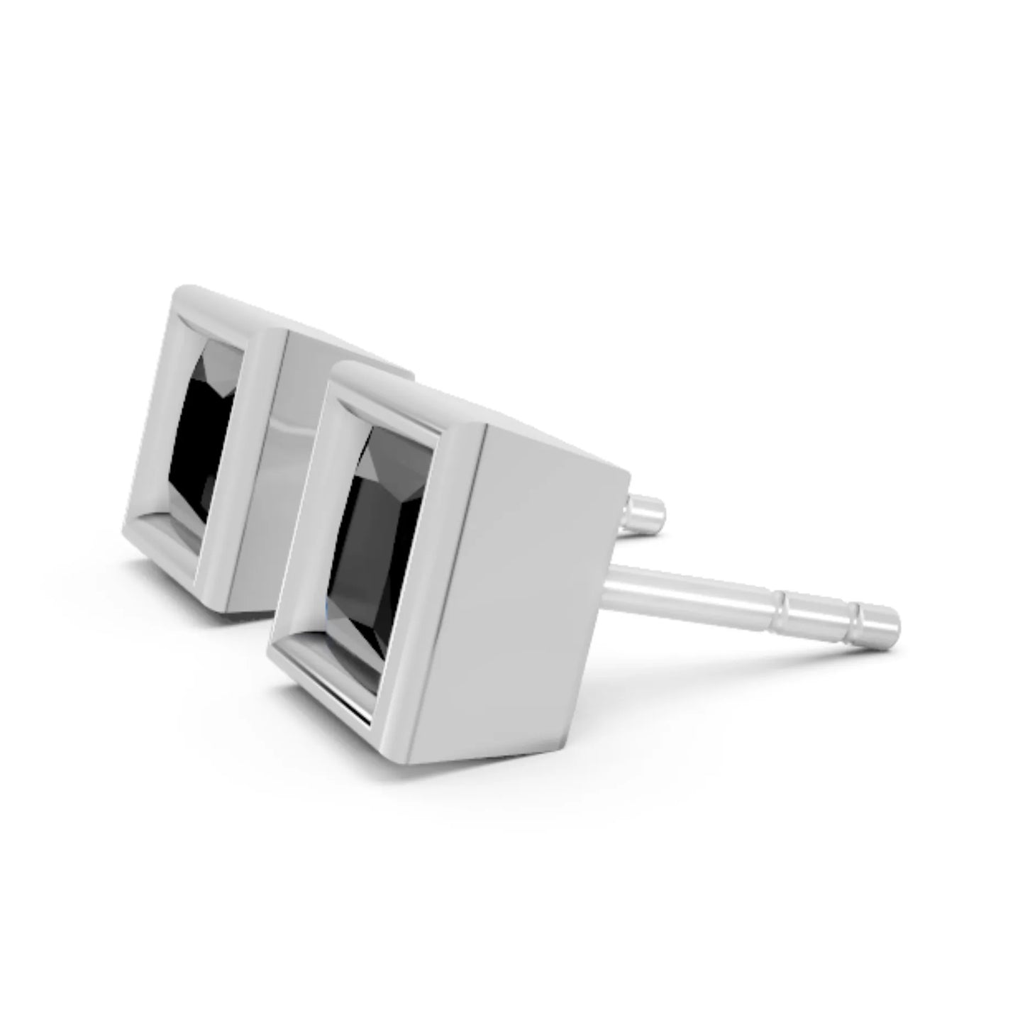 14K Gold Princess Cut Black Diamond Bezel Stud Earring