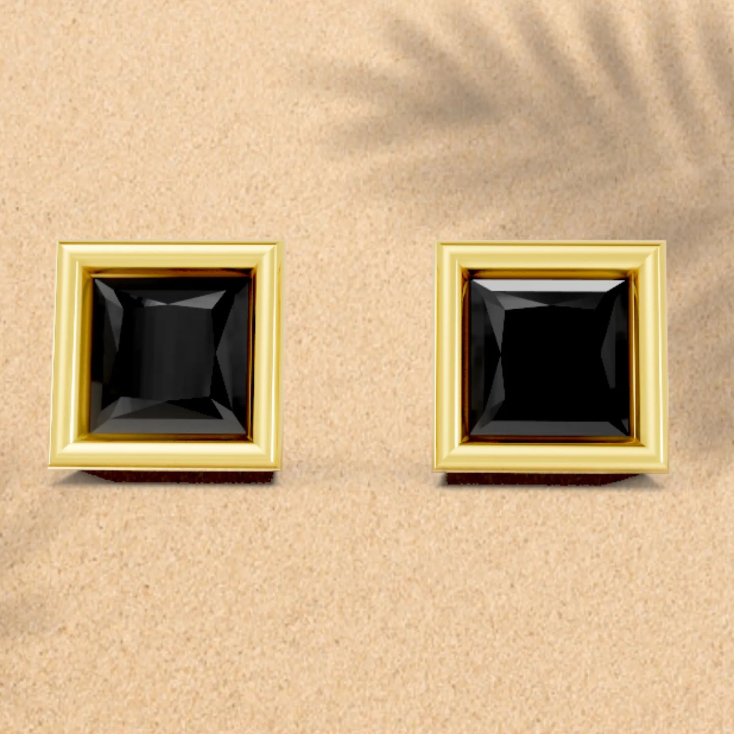14K Gold Princess Cut Black Diamond Bezel Stud Earring