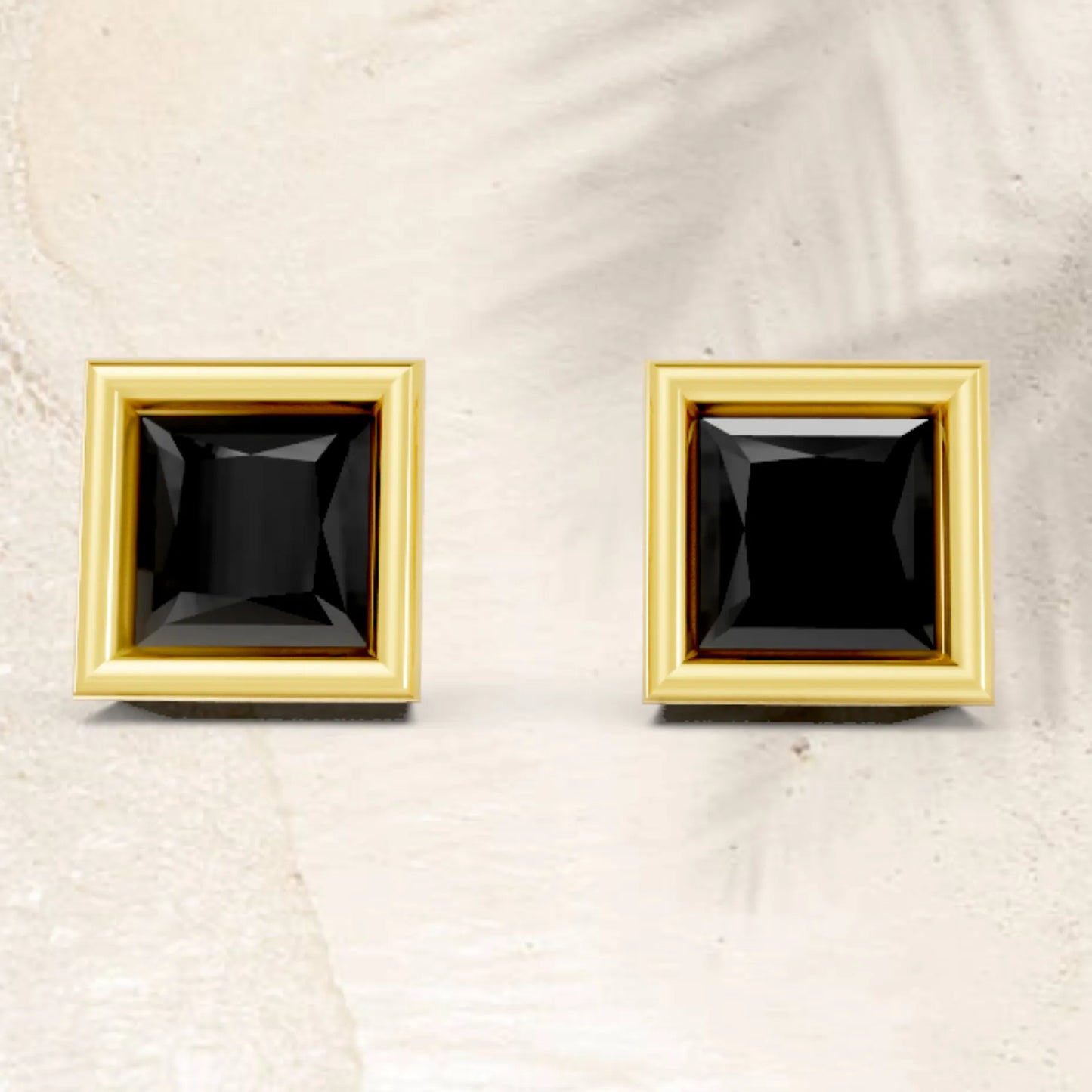 14K Gold Princess Cut Black Diamond Bezel Stud Earring