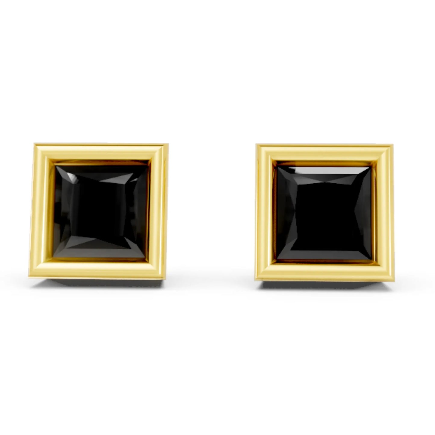 14K Gold Princess Cut Black Diamond Bezel Stud Earring