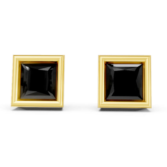 14K Gold Princess Cut Black Diamond Bezel Stud Earring