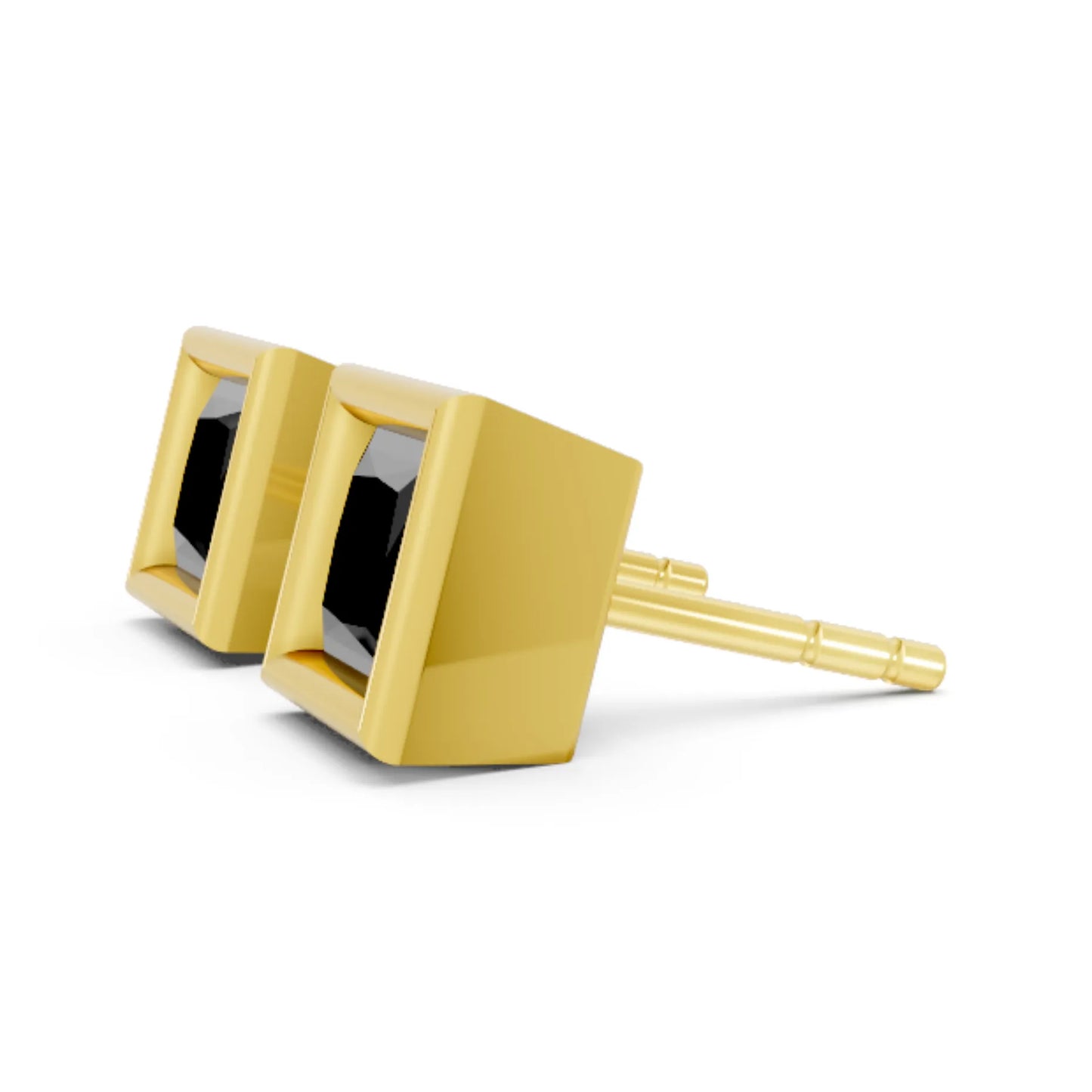 14K Gold Princess Cut Black Diamond Bezel Stud Earring