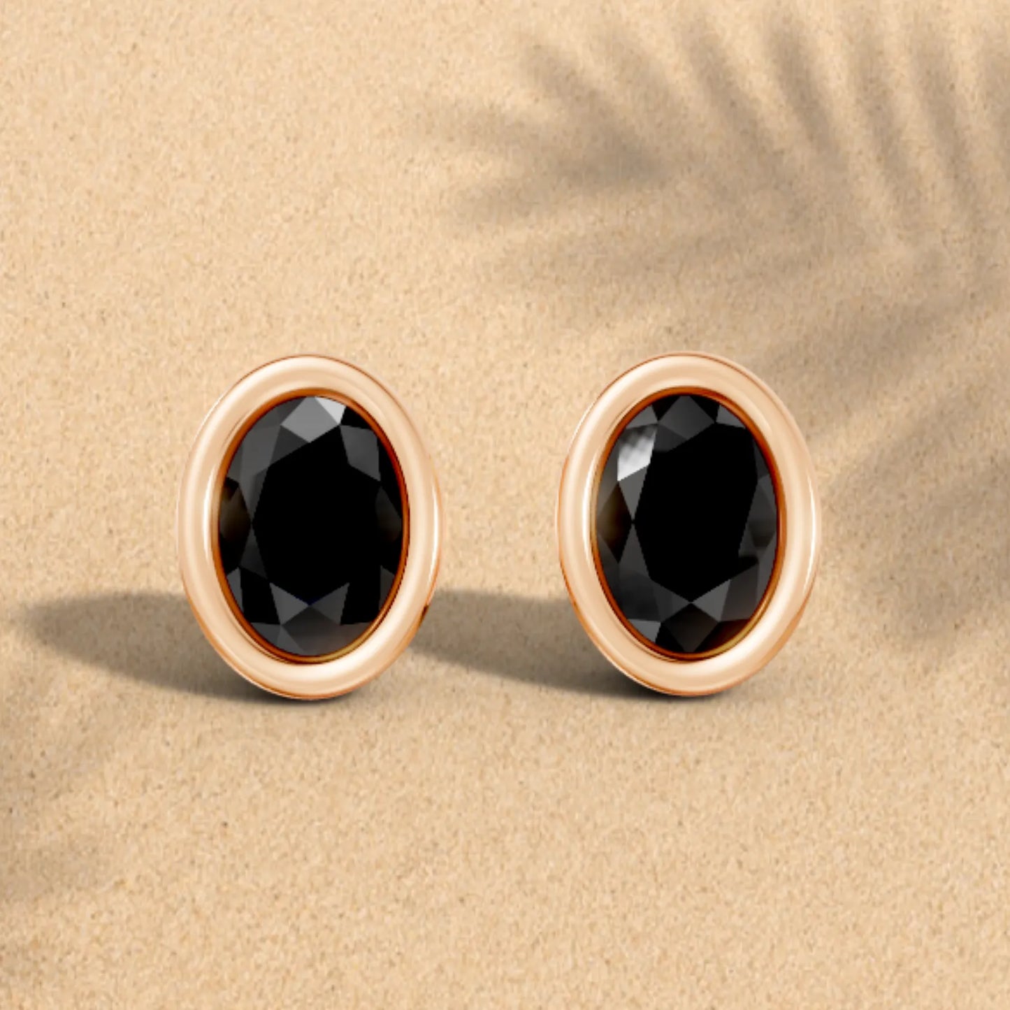 14K Gold Oval Cut Black Diamond Bezel Stud Earring