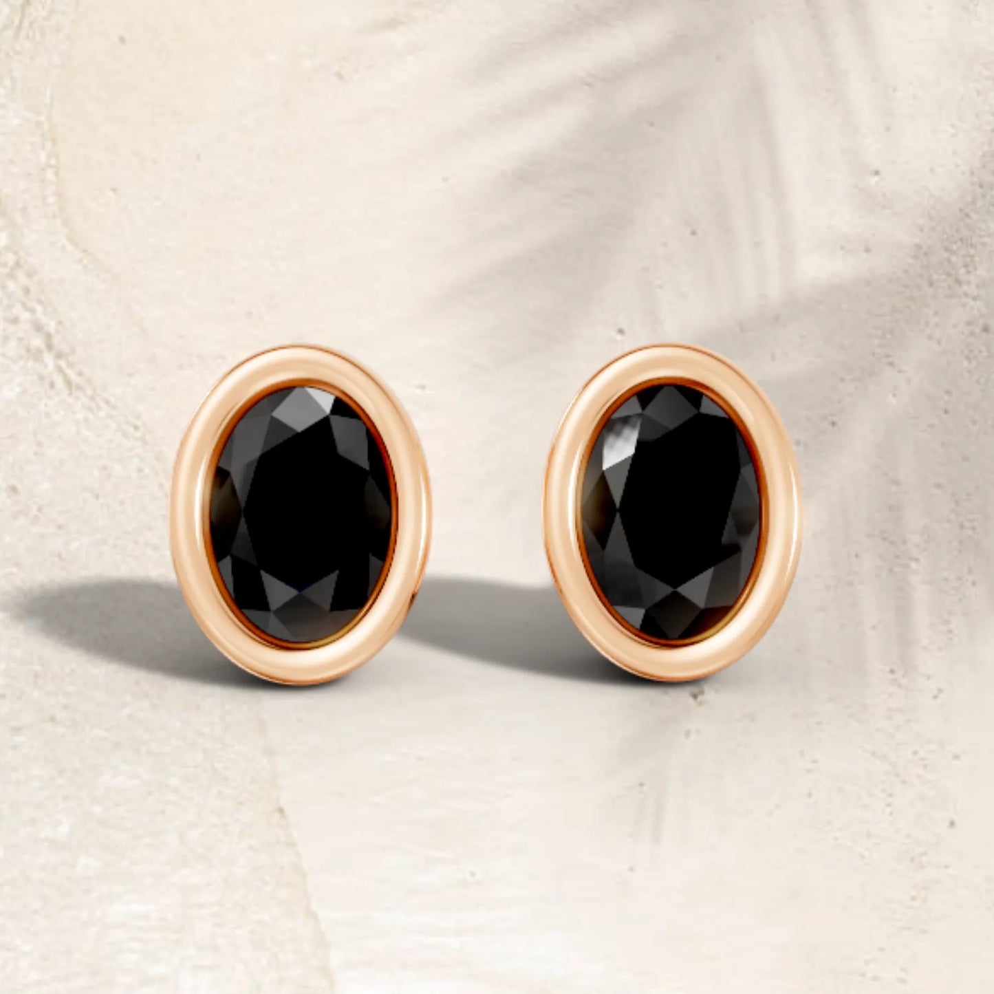 14K Gold Oval Cut Black Diamond Bezel Stud Earring