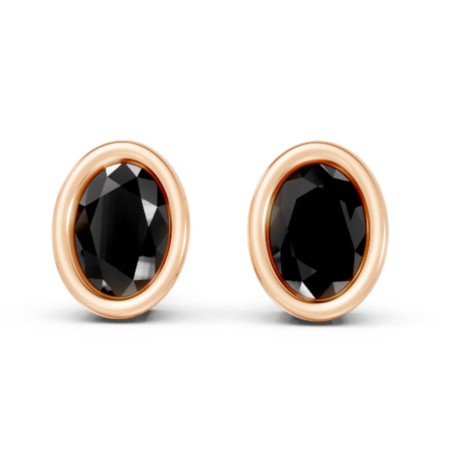 14K Gold Oval Cut Black Diamond Bezel Stud Earring