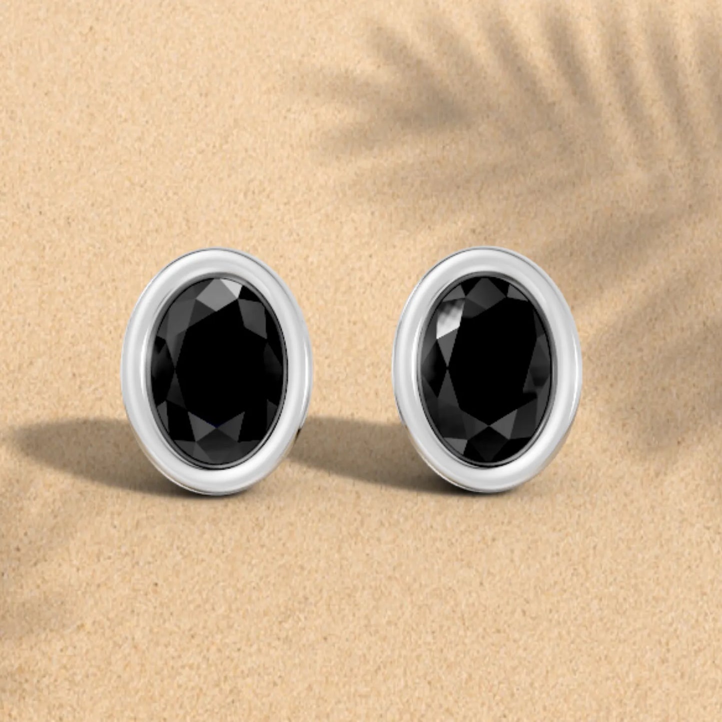 14K Gold Oval Cut Black Diamond Bezel Stud Earring