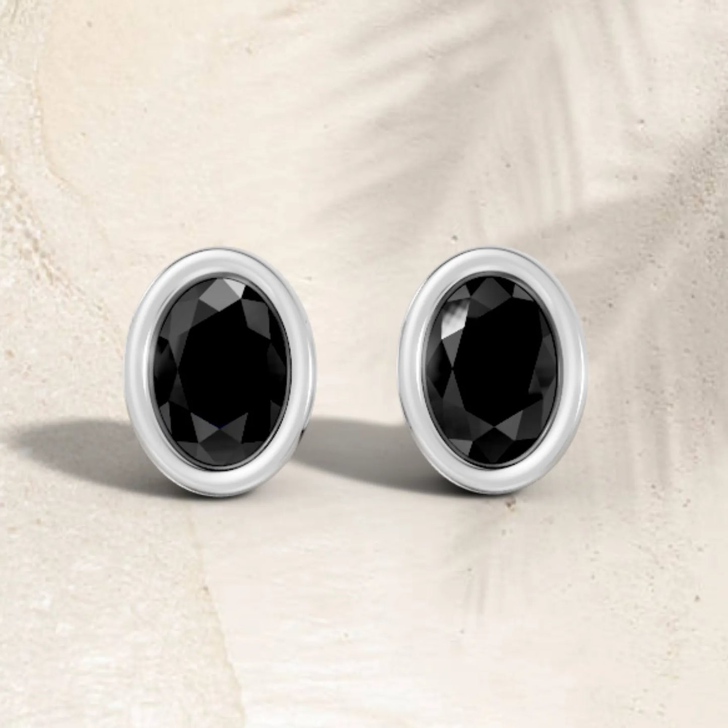 14K Gold Oval Cut Black Diamond Bezel Stud Earring